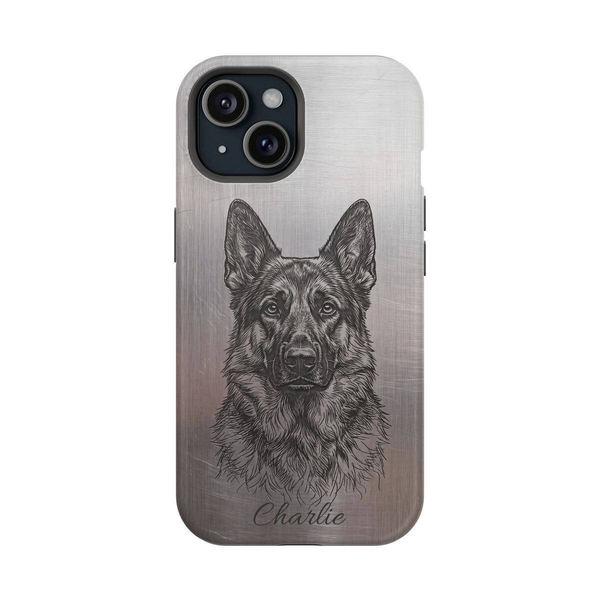 German Shepherd Phone Case | Personalized Etched Silver Art — Tough Magnetic Case with Wireless Charging