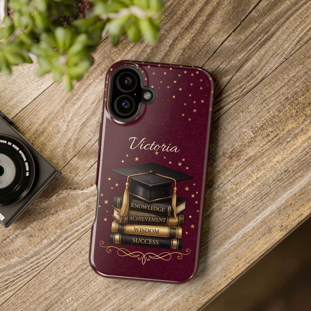 Graduation Cap & Books Personalized Teacher Phone Case — Wireless Charging Cover