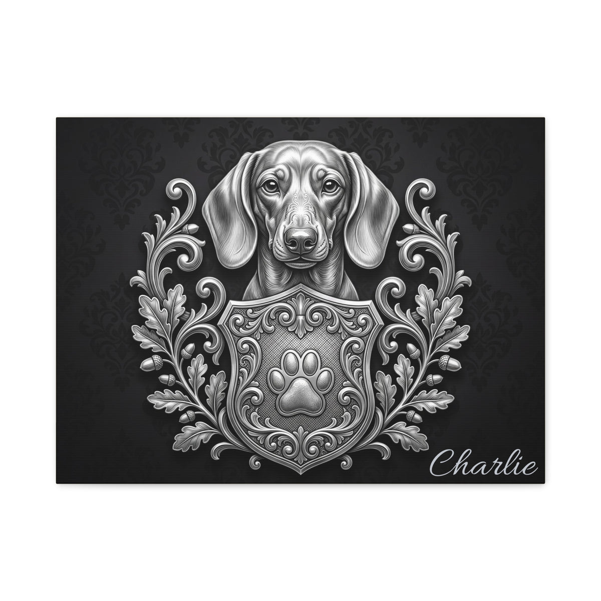Dachshund Personalized Canvas | Silver Heraldic Crest Wall Art