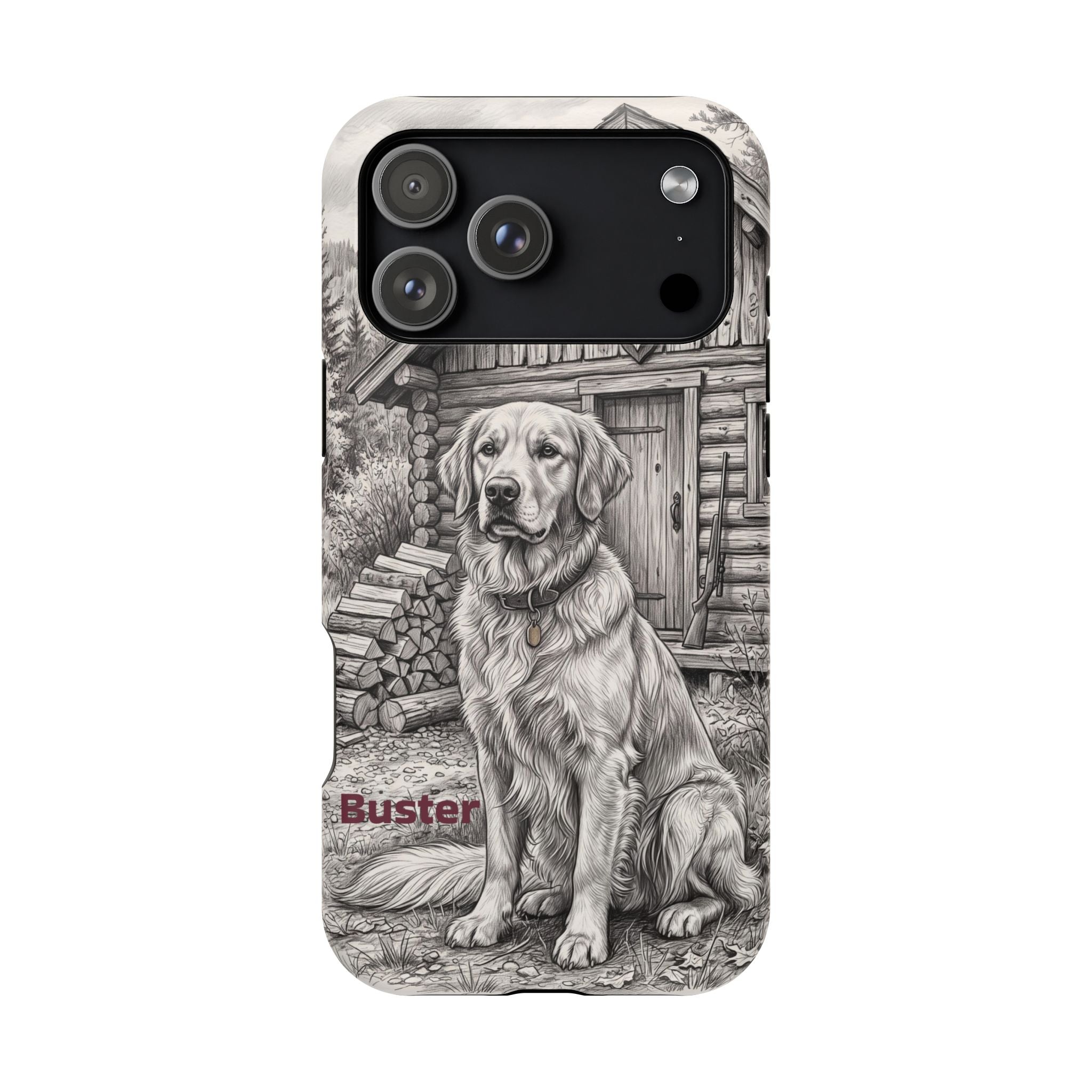 Personalized Golden Retriever Cabin Porch Phone Case — Wireless Charging Cover