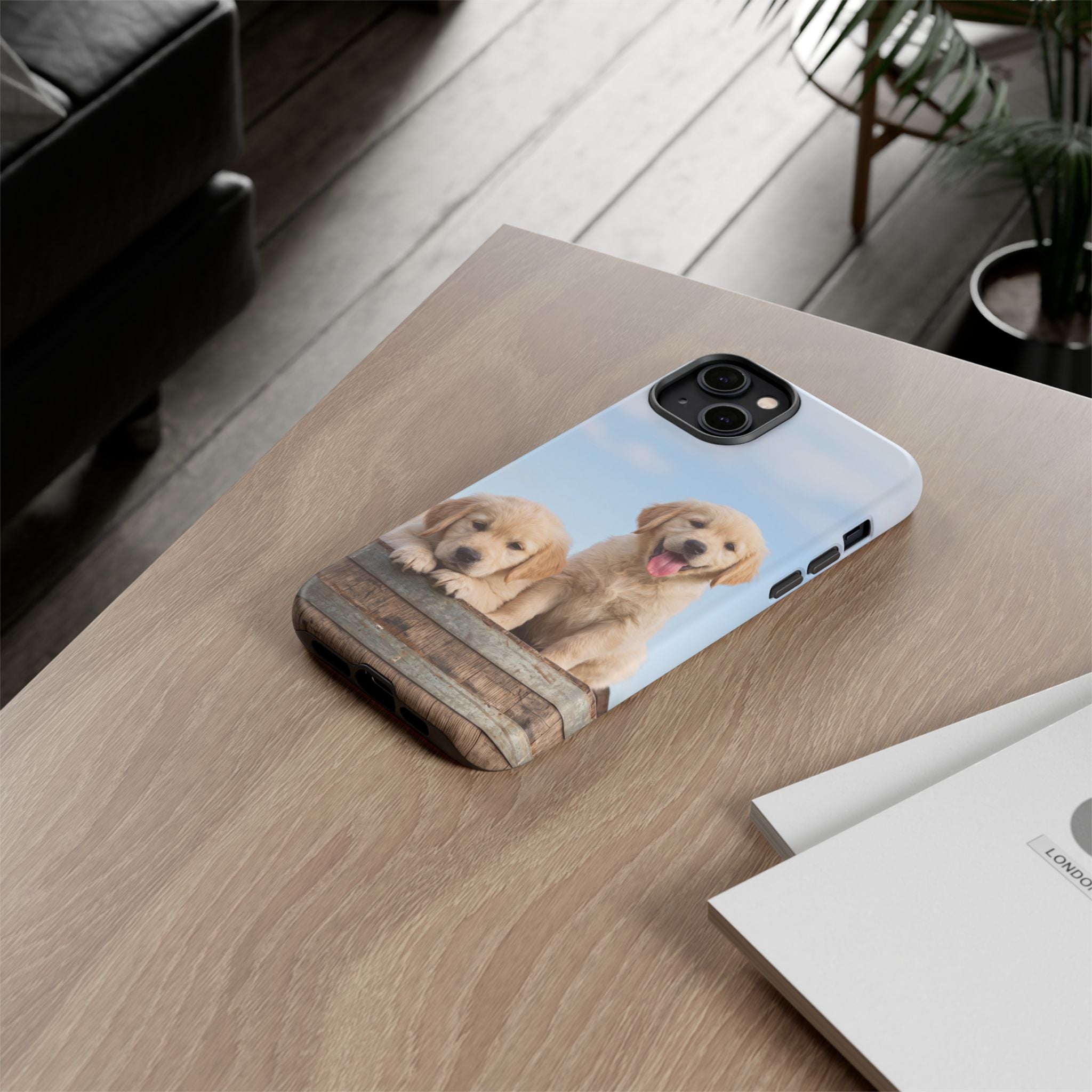 Golden Retriever Puppies on Barrel Phone Case | Cute Duo Under Blue Sky | iPhone & Samsung