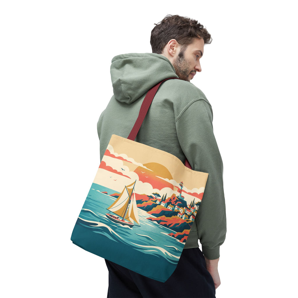 Coastal Lighthouse Sailboat Tote Bag – Retro Seaside Sunset Beach Bag