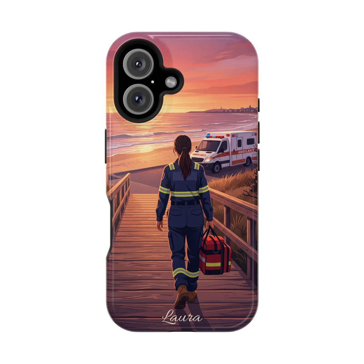 Sunset Boardwalk Personalized Paramedic Phone Case — Wireless Charging Cover