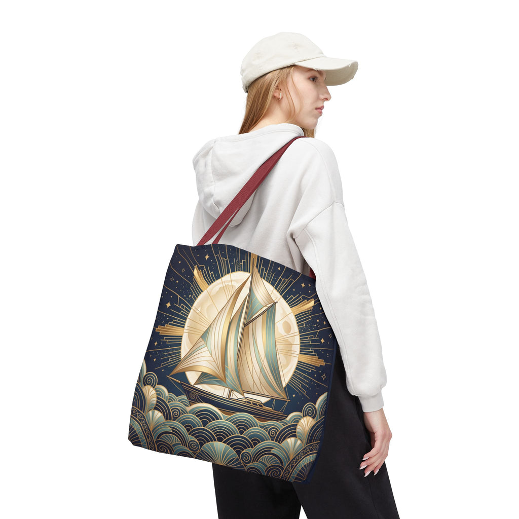 Art Deco Moonlit Sailboat Tote Bag – Starry Night Nautical Beach Bag
