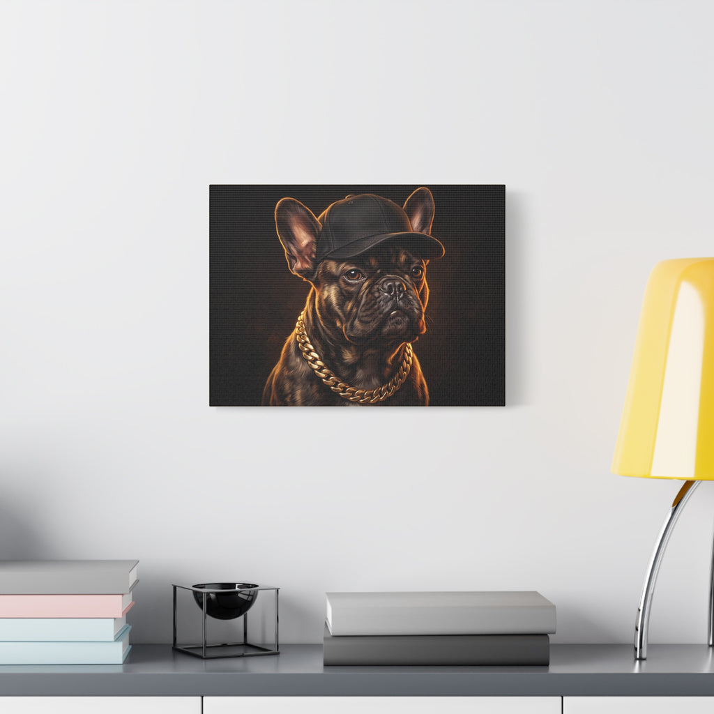 French Bulldog Portrait Canvas Print — Hip Hop Dog with Cap & Gold Chain