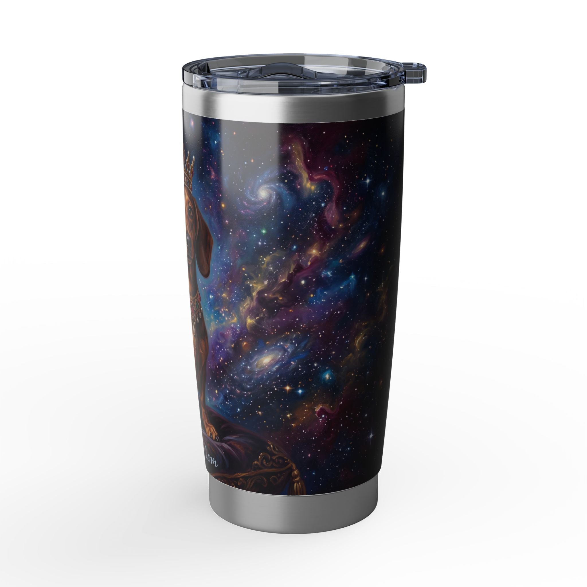 Dachshund King Stainless Tumbler — 20oz Personalized Travel Mug with Crowned Dog Purple Galaxy Design