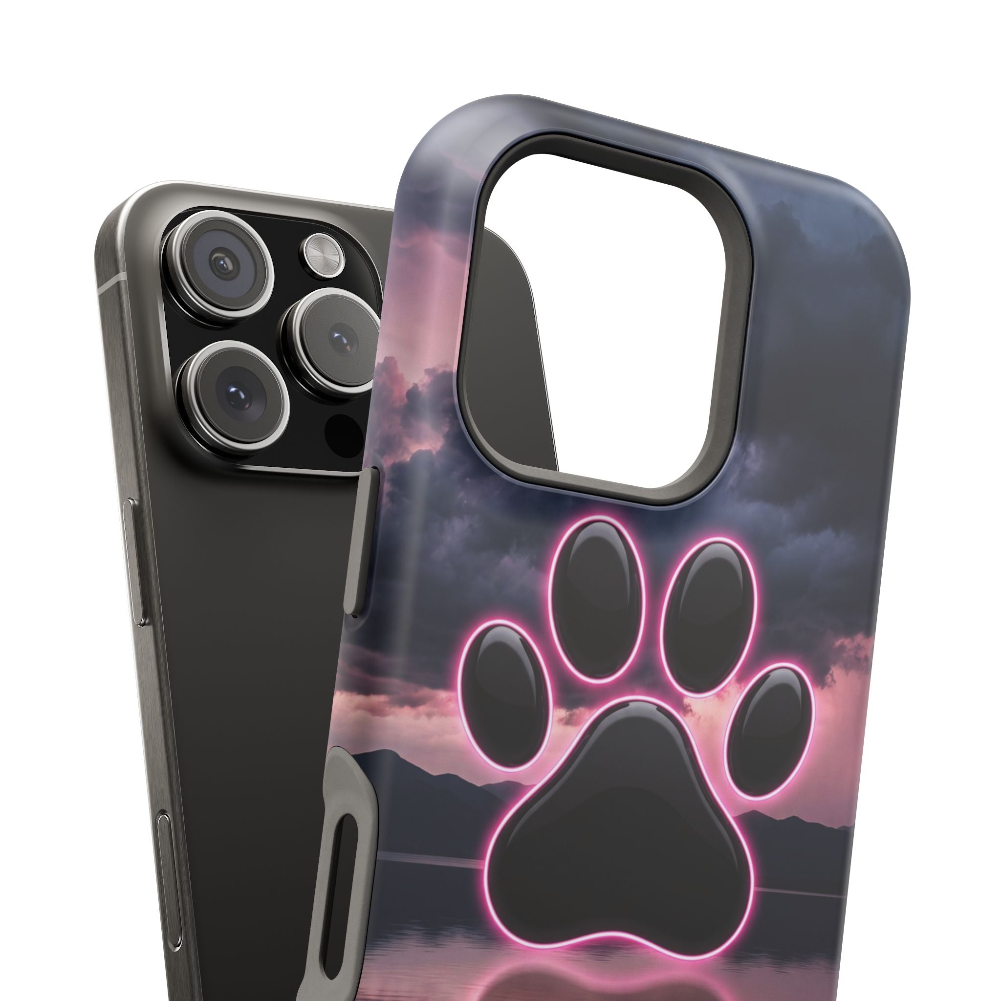 Neon Paw Print Phone Case — Impact-Resistant Wireless Charging Cover