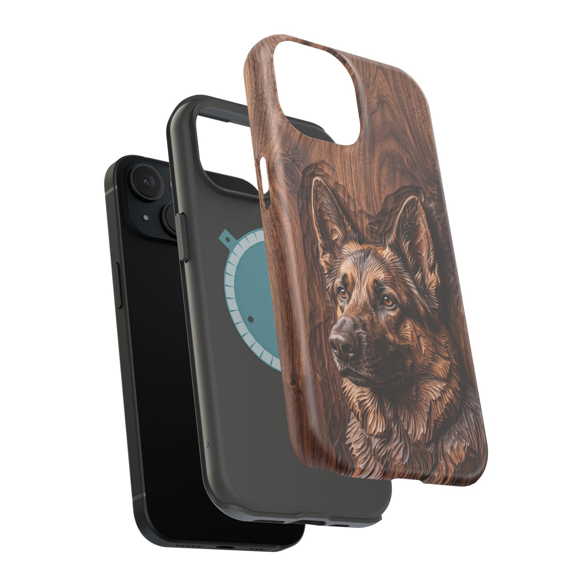 German Shepherd Phone Case | Carved Walnut Art — Tough Magnetic Case with Wireless Charging