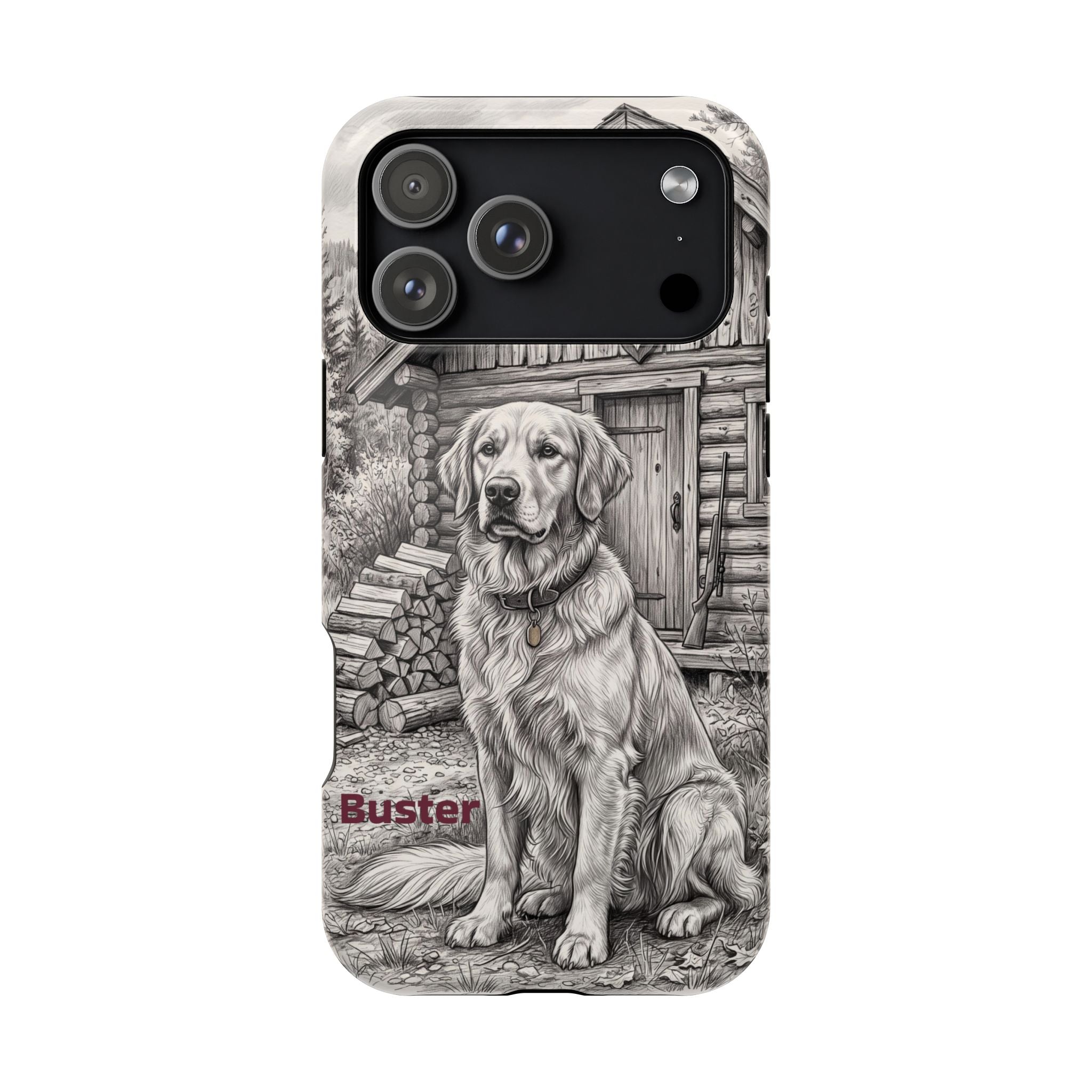 Personalized Golden Retriever Cabin Porch Phone Case — Wireless Charging Cover