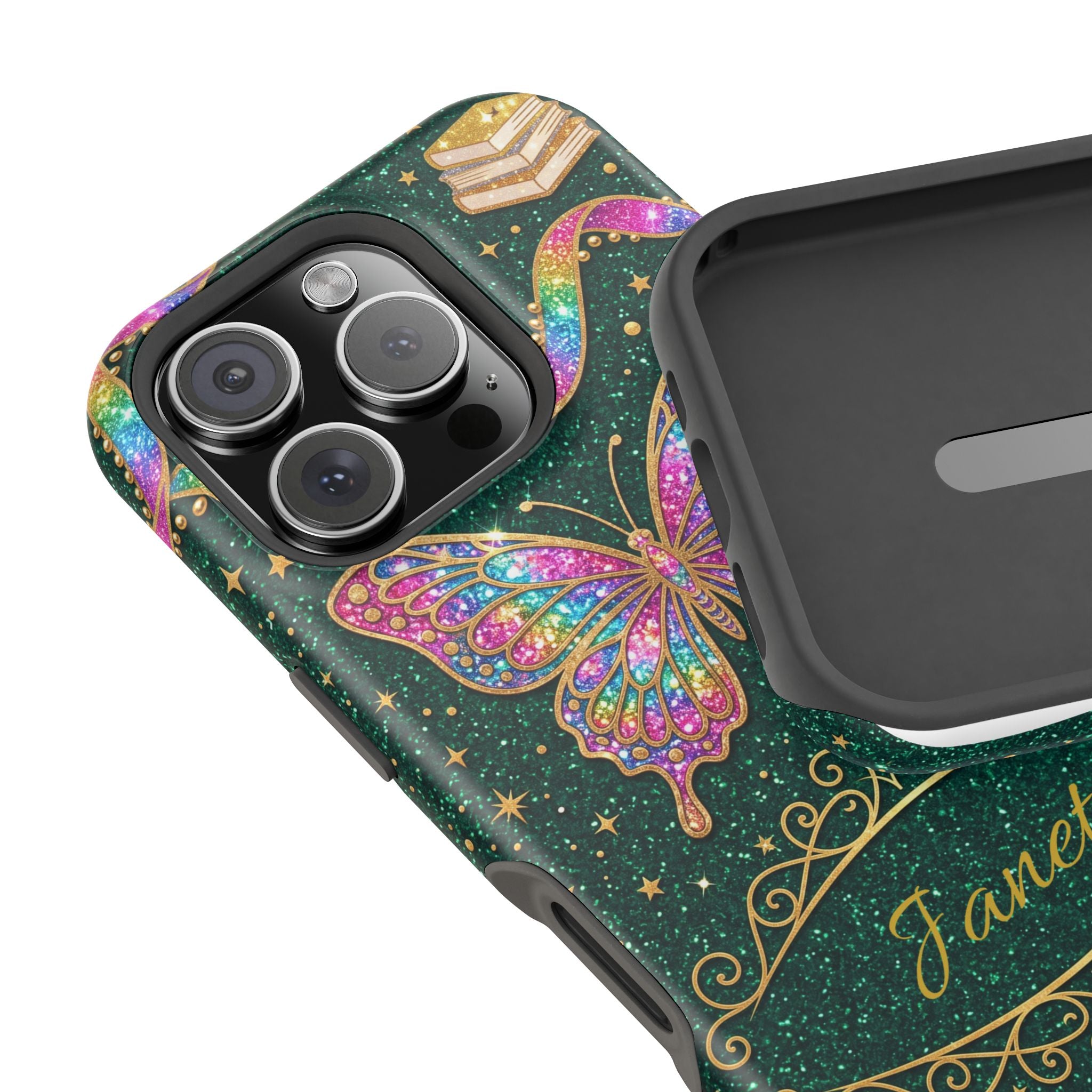 Rainbow Glitter Butterfly Personalized Teacher Phone Case — Wireless Charging Cover