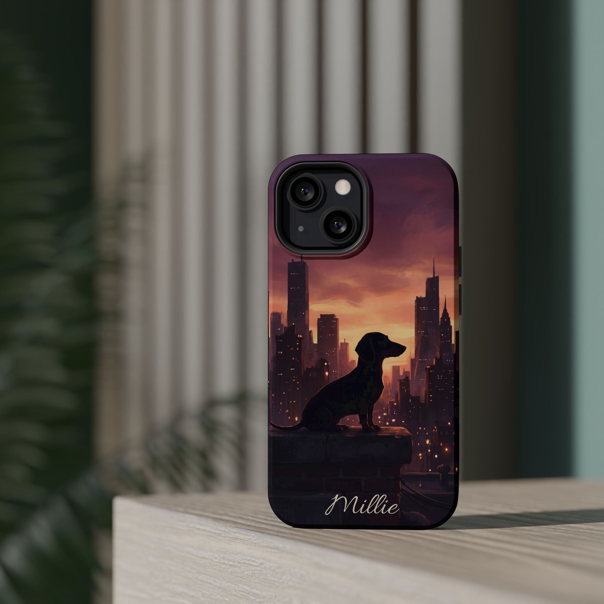 Personalized Dachshund City Skyline Phone Case — Wireless Charging Cover
