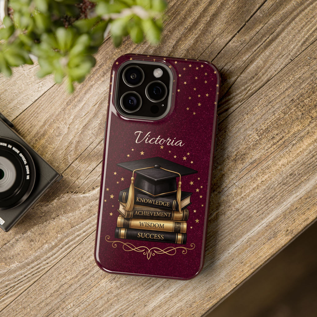 Graduation Cap & Books Personalized Teacher Phone Case — Wireless Charging Cover