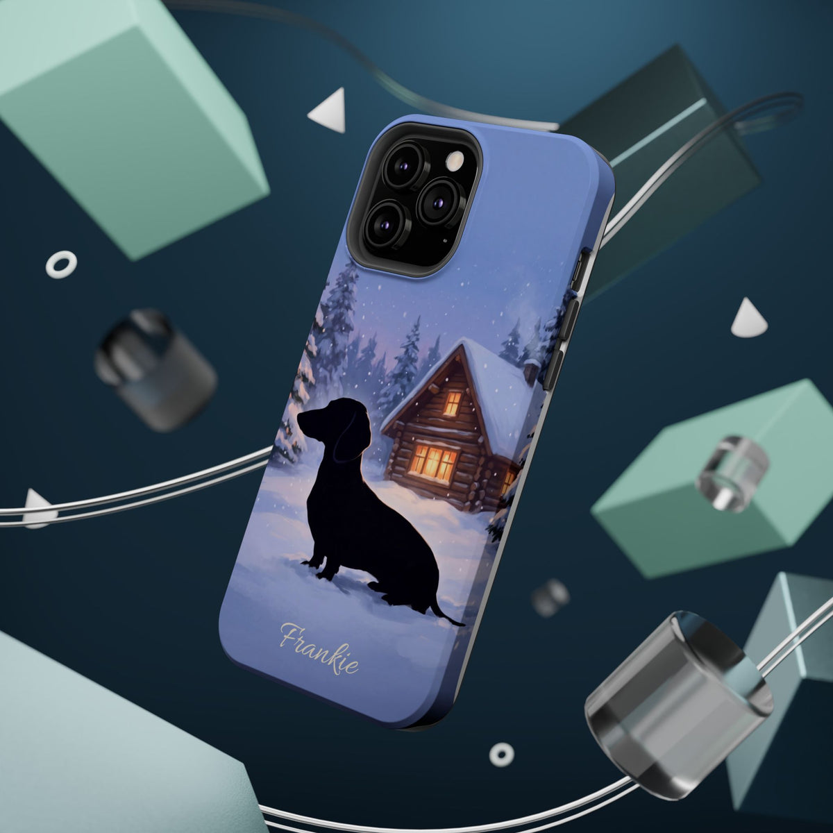 Personalized Dachshund Winter Cabin Phone Case — Wireless Charging Cover