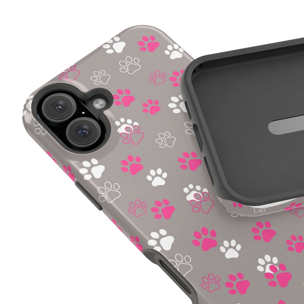 Pink & White Paw Print Phone Case — Impact-Resistant Wireless Charging Cover