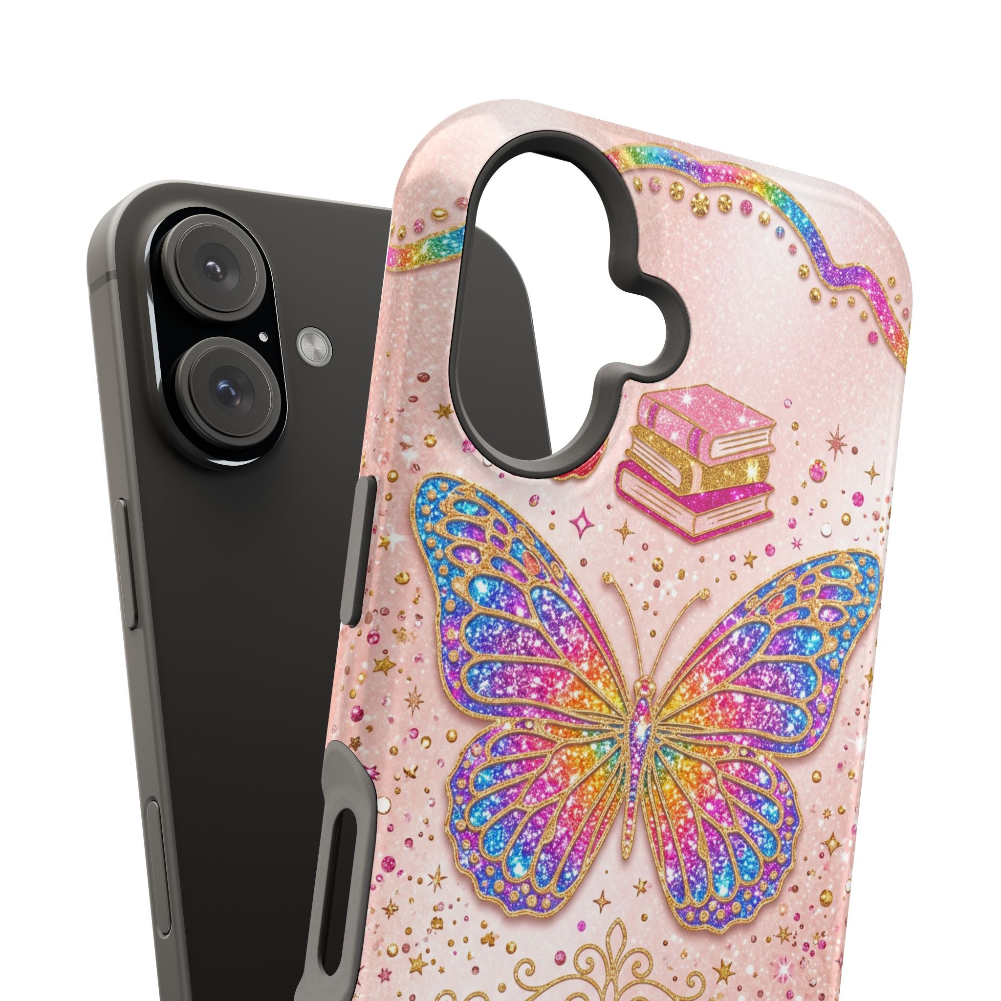 Blush Glitter Butterfly Personalized Teacher Phone Case — Wireless Charging Cover