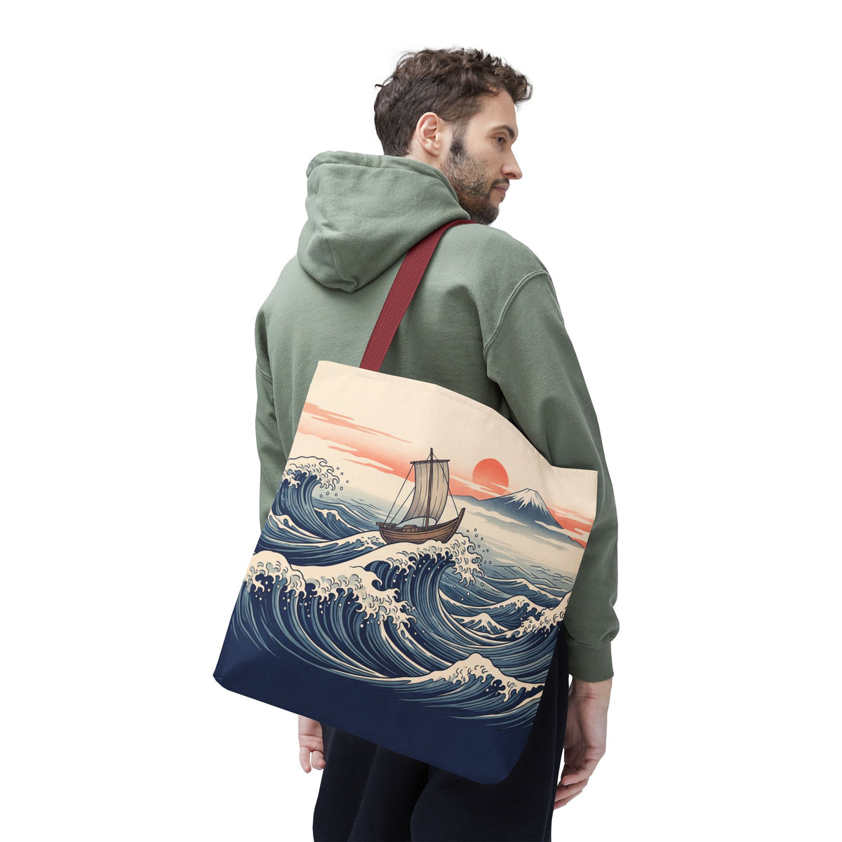 Japanese Wave Sailboat Tote Bag – Woodblock Style Ocean Beach Bag