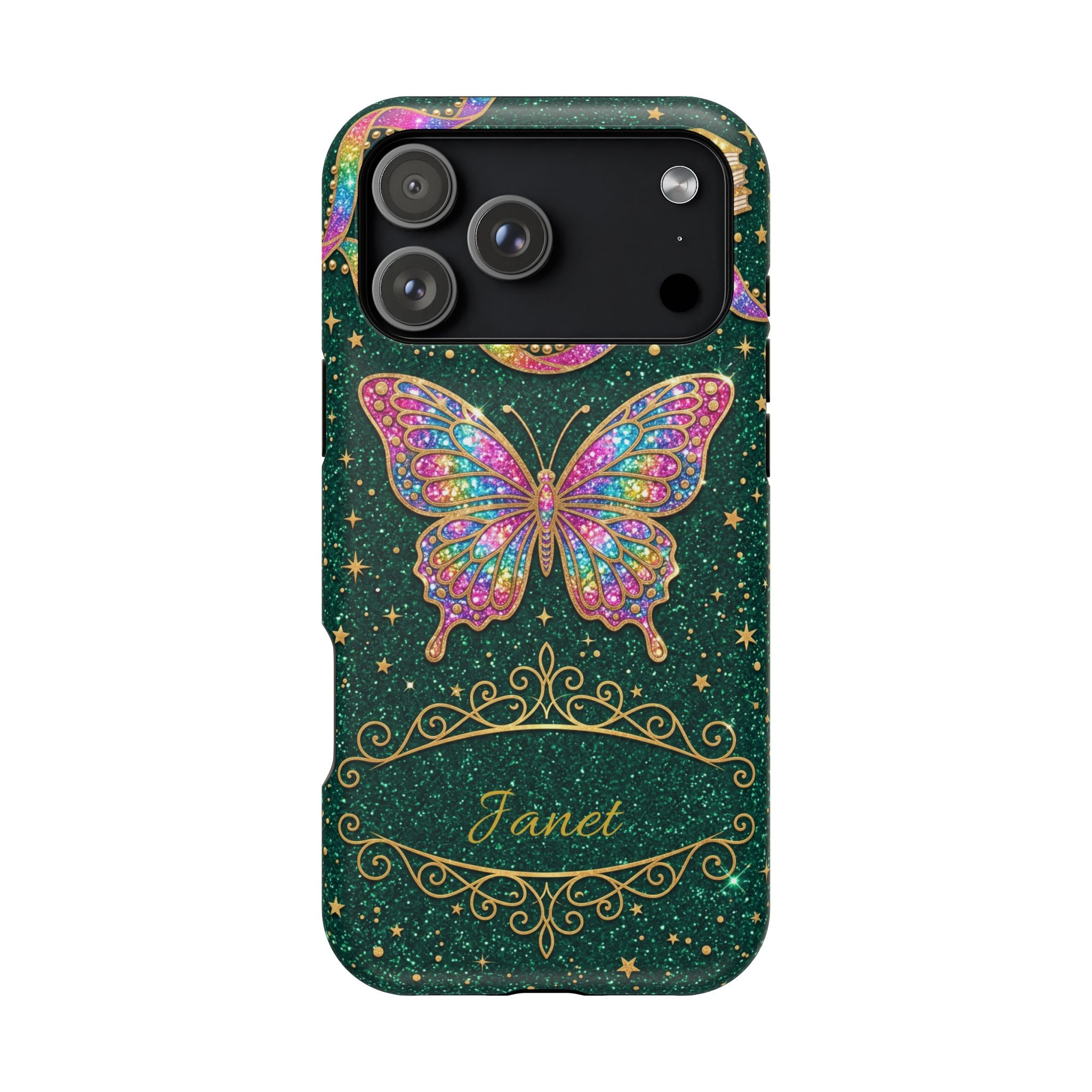 Rainbow Glitter Butterfly Personalized Teacher Phone Case — Wireless Charging Cover