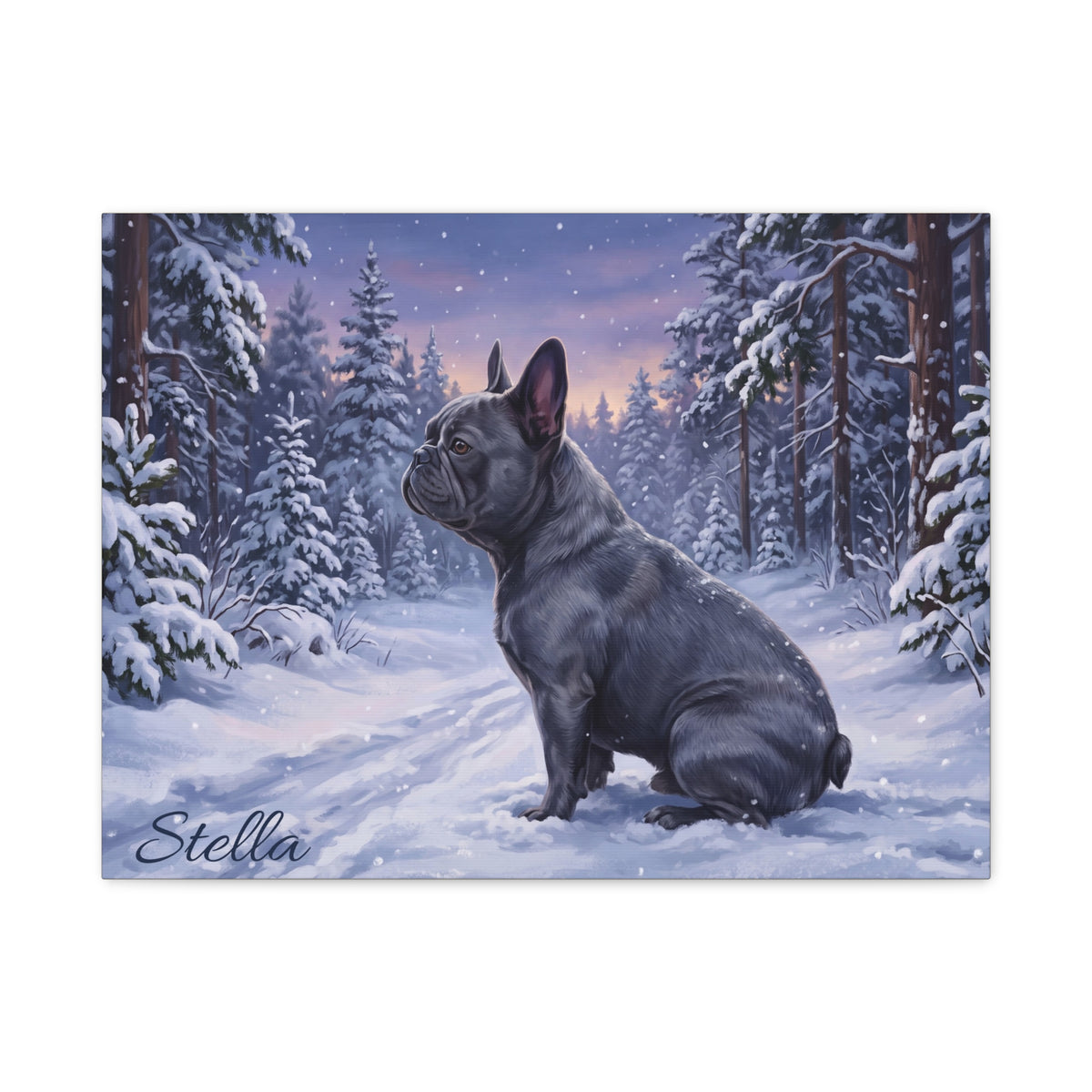 French Bulldog Personalized Canvas | Twilight Snowy Pine Forest Wall Art