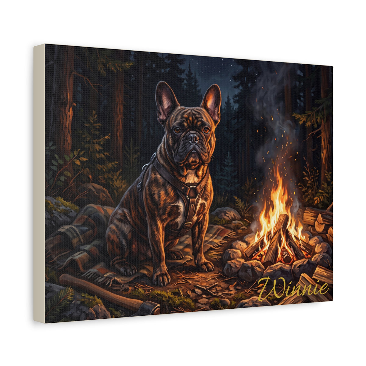 French Bulldog Personalized Canvas | Cozy Campfire Forest Night Wall Art