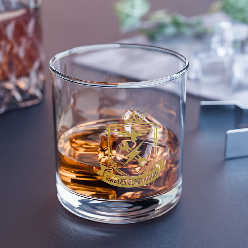 Master Electrician Crest Rocks Glass 10oz — Gold Emblem Whiskey Tumbler, Electrician Gift