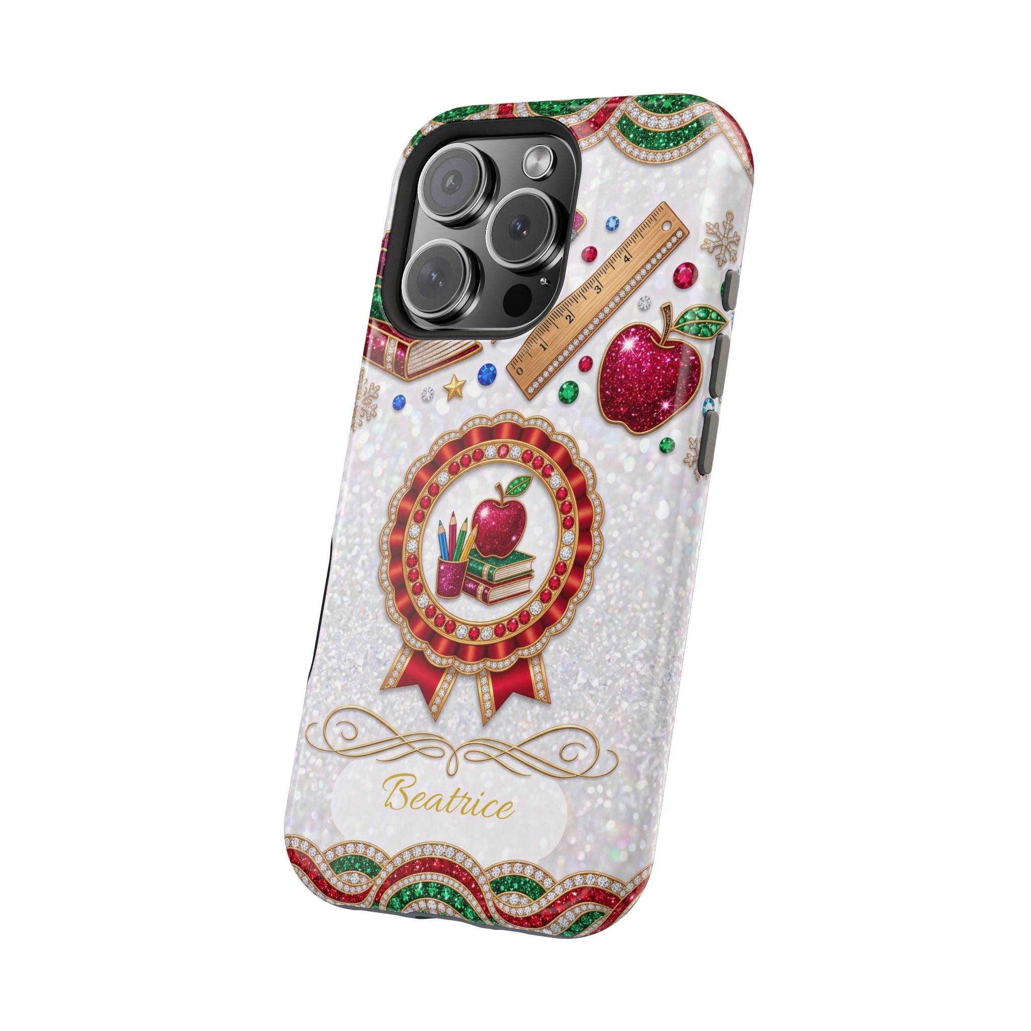 Jeweled Apple Medallion Personalized Teacher Phone Case — Wireless Charging Cover