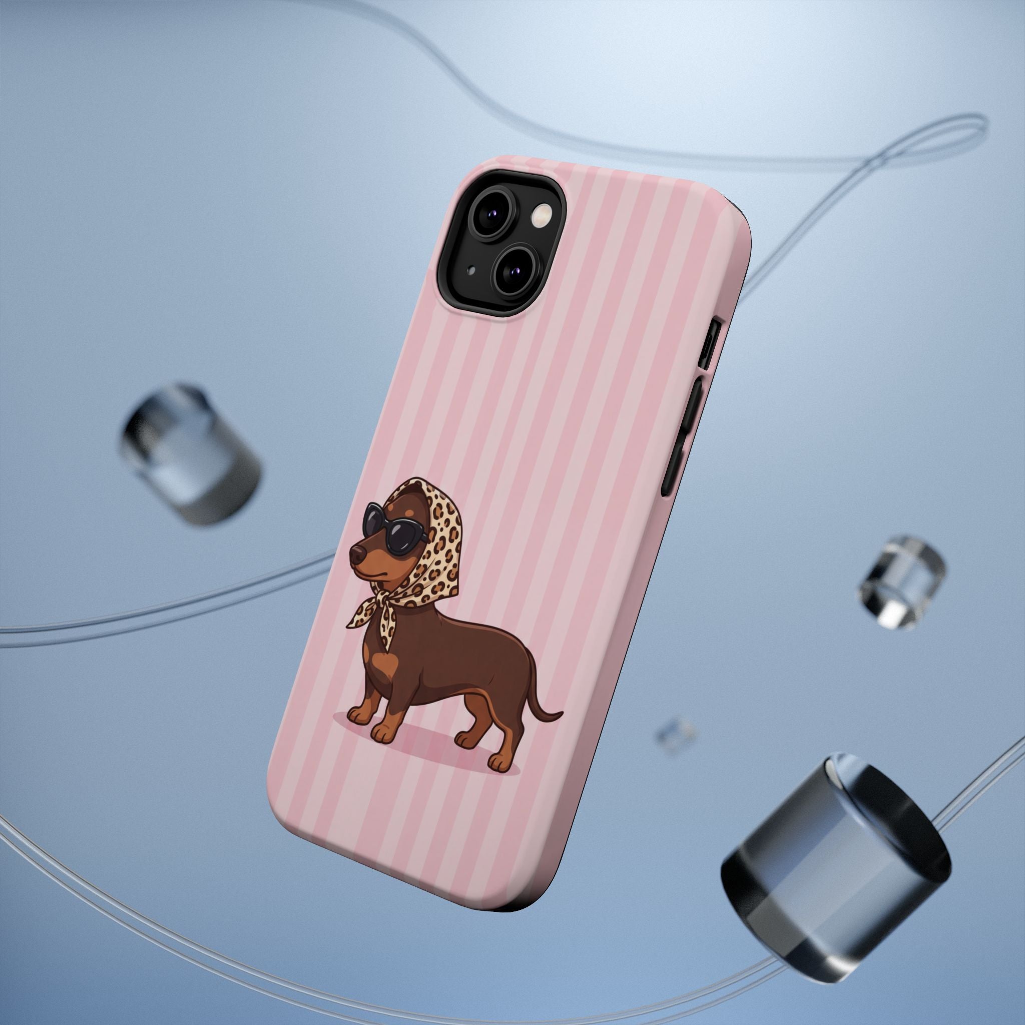 Glam Dachshund Phone Case | Cute Sausage Dog in Leopard Scarf & Sunglasses | Pink Stripe Case for iPhone & Samsung