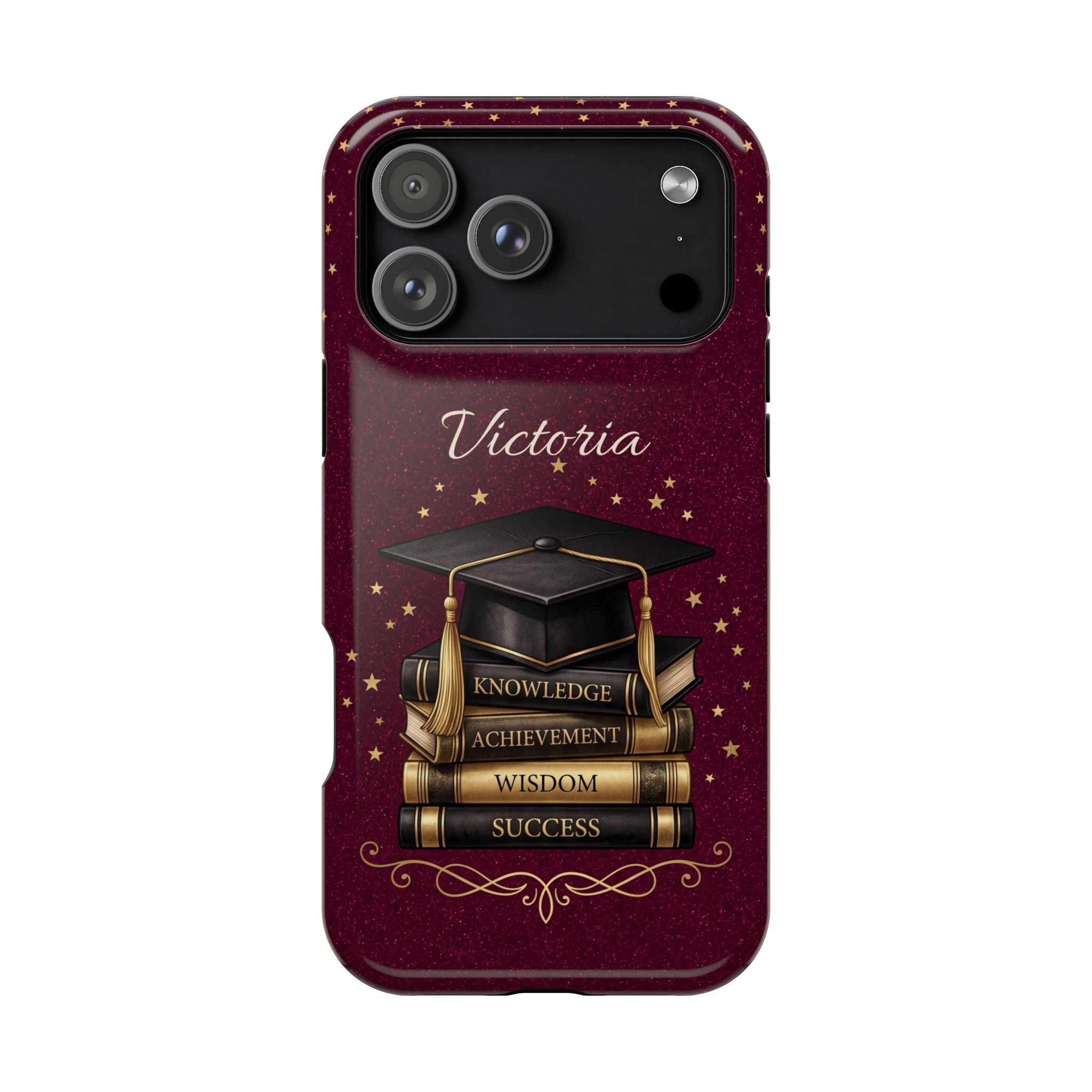 Graduation Cap & Books Personalized Teacher Phone Case — Wireless Charging Cover