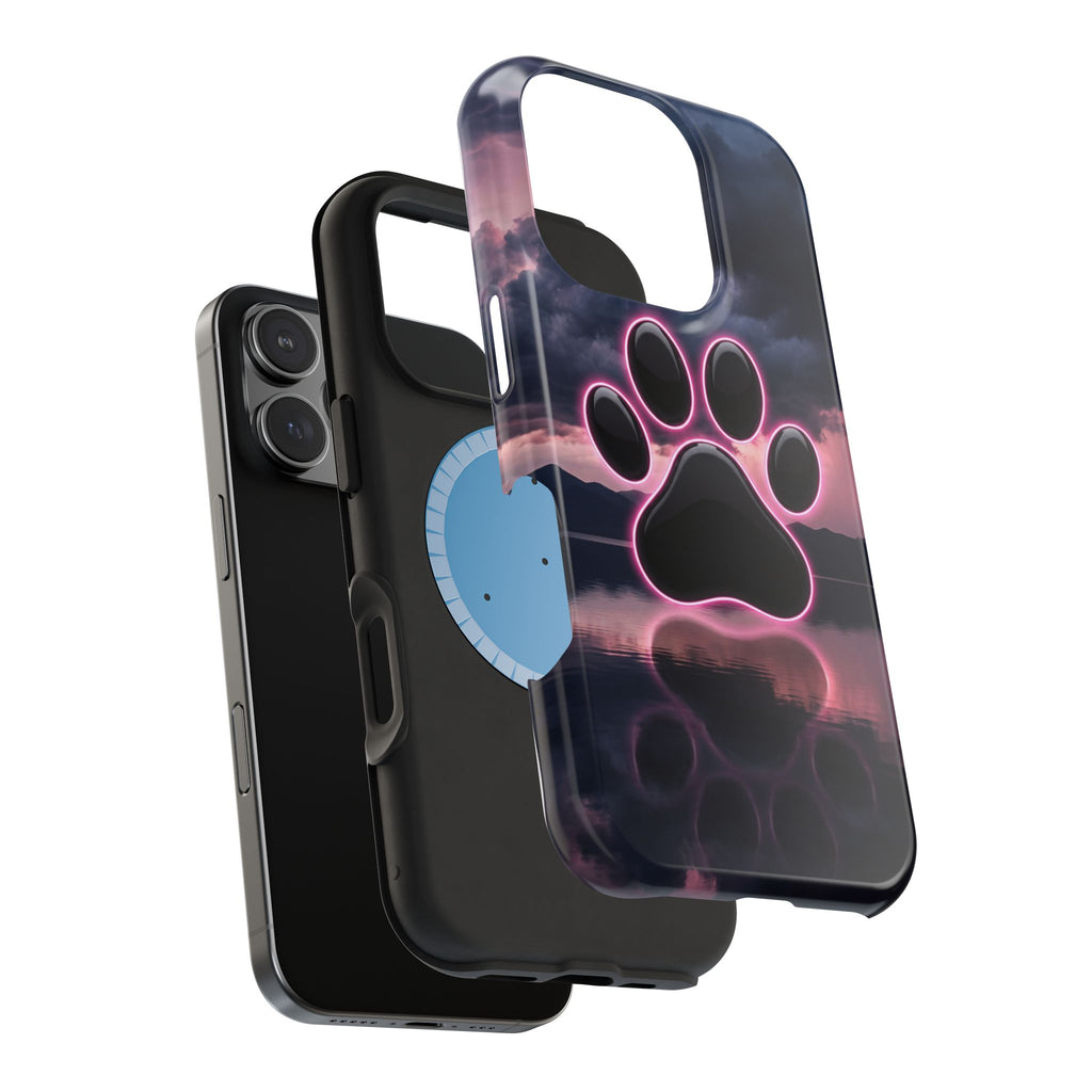 Neon Paw Print Phone Case — Impact-Resistant Wireless Charging Cover