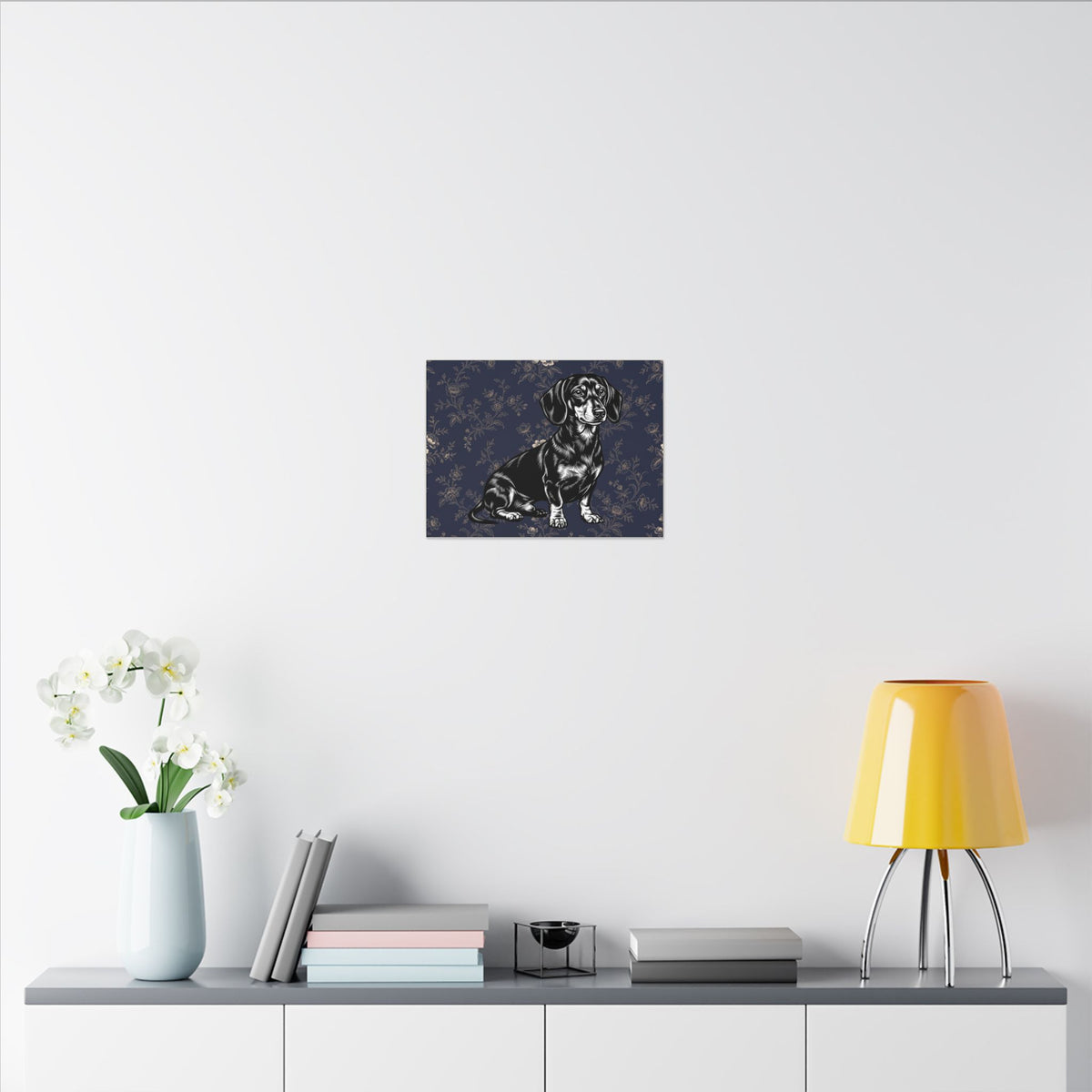 Dachshund Art Canvas – Vintage Floral Navy Matte Stretched Wall Decor