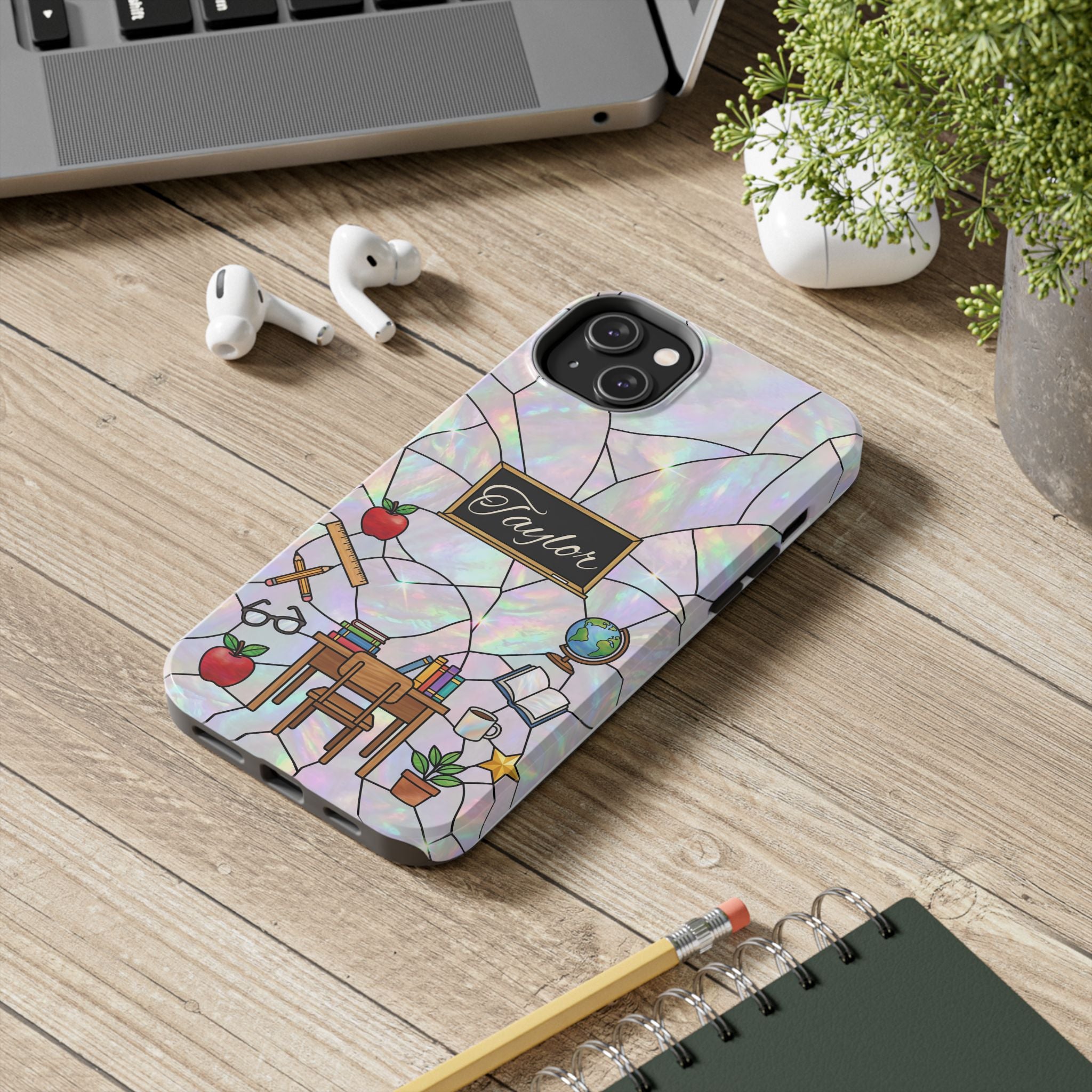 Personalized Teacher Phone Case — Custom Name Stained Glass Classroom Design