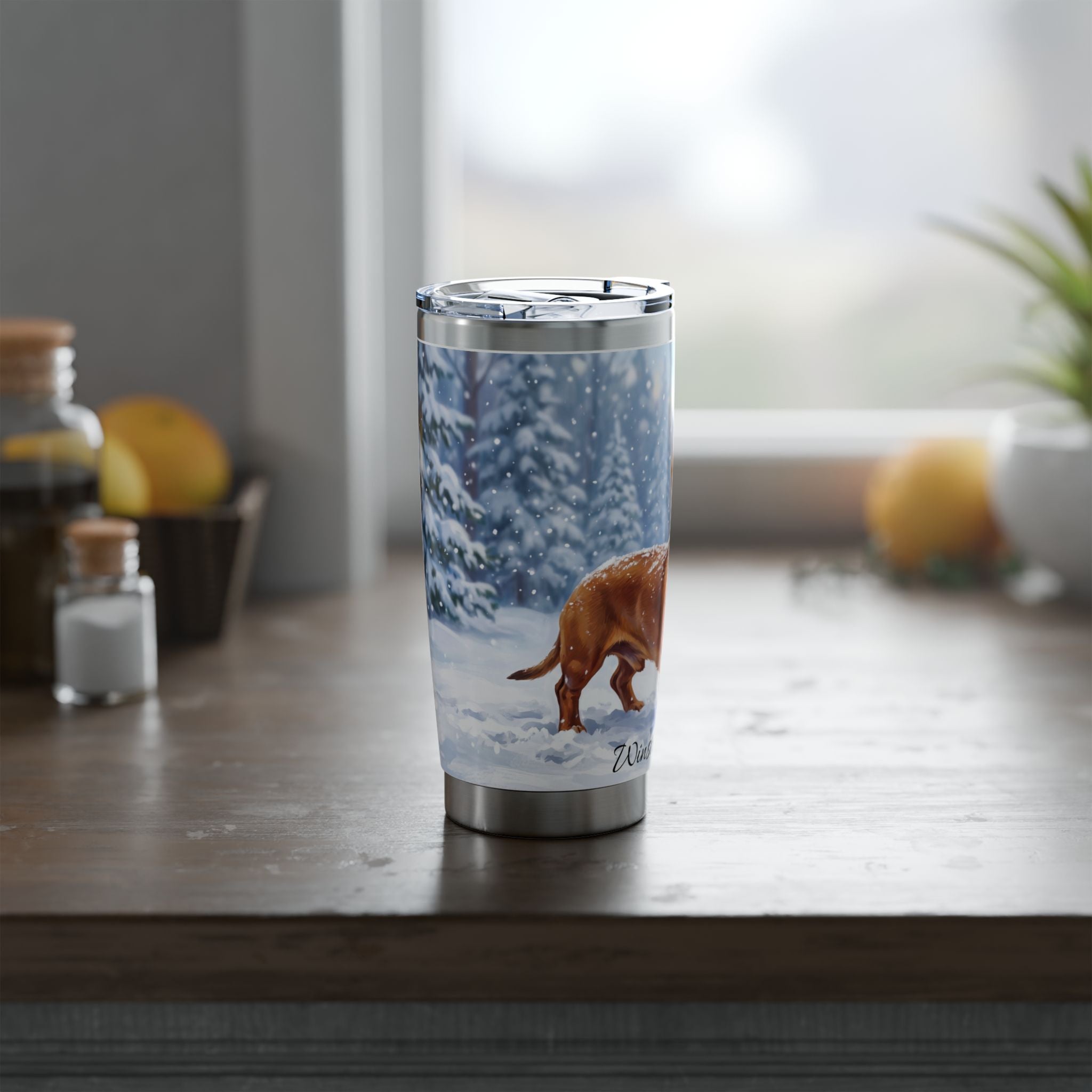 Dachshund Winter Portrait Stainless Tumbler — 20oz Personalized Travel Mug with Snowy Forest Design