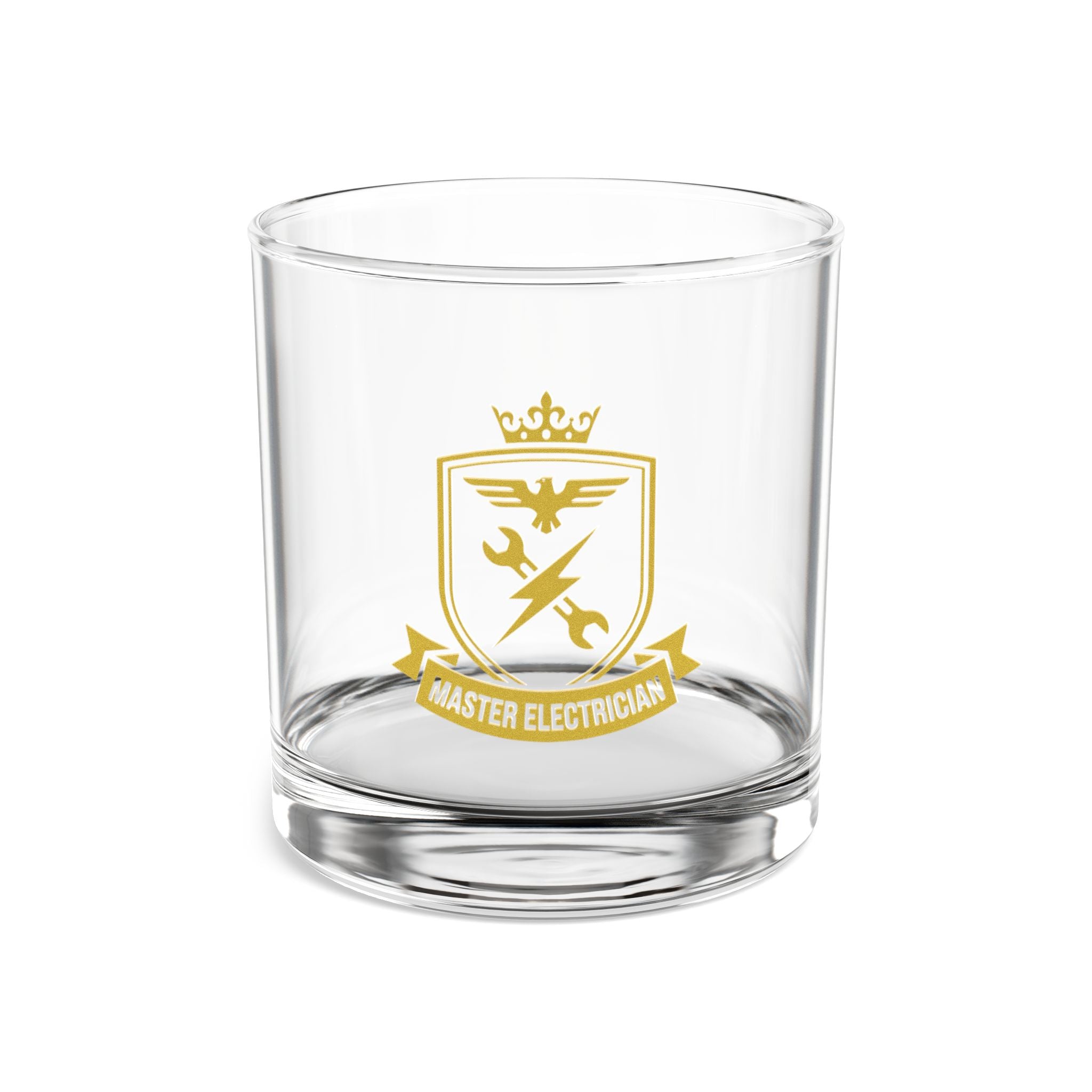 Master Electrician Crest Rocks Glass 10oz — Gold Emblem Whiskey Tumbler, Electrician Gift
