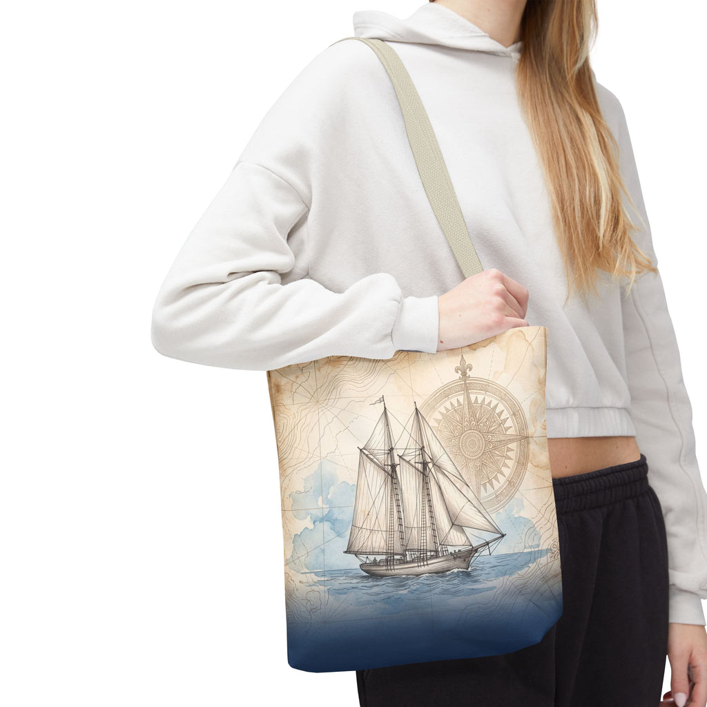 Vintage Schooner Tote Bag – Antique Nautical Map Compass Beach Bag