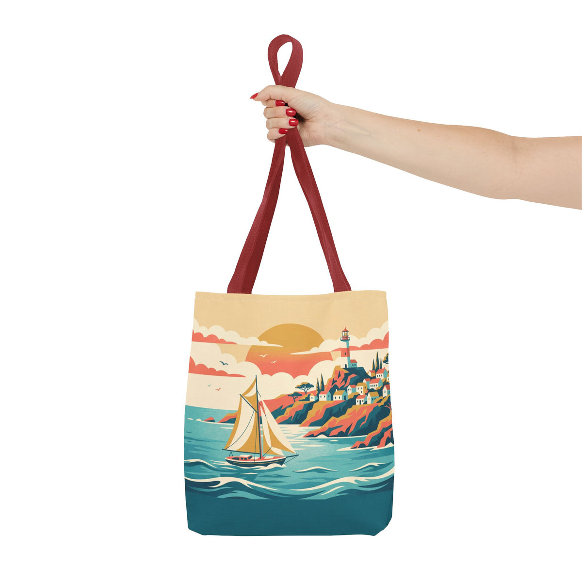 Coastal Lighthouse Sailboat Tote Bag – Retro Seaside Sunset Beach Bag