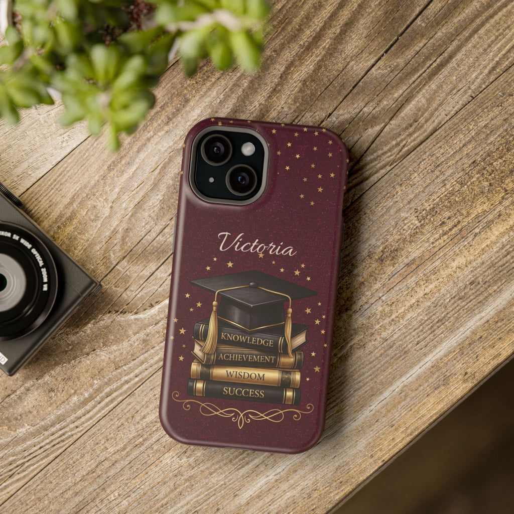 Graduation Cap & Books Personalized Teacher Phone Case — Wireless Charging Cover