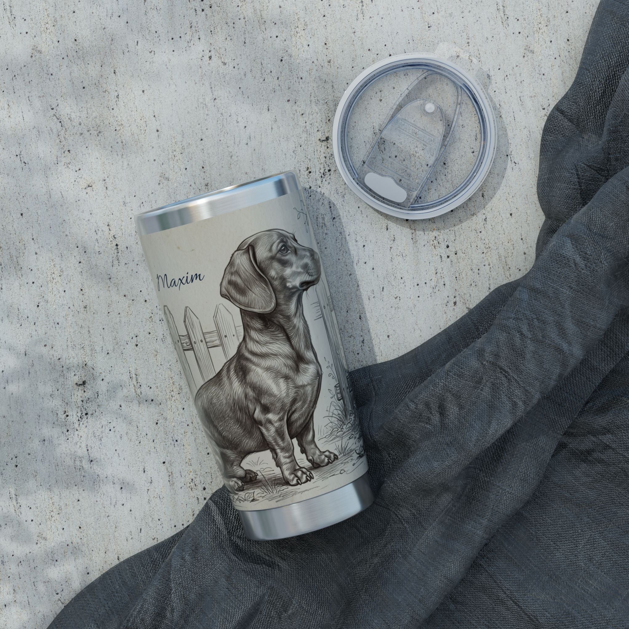 Royal Dachshund Stainless Tumbler — 20 oz Personalized Travel Mug with Cottage Garden Design