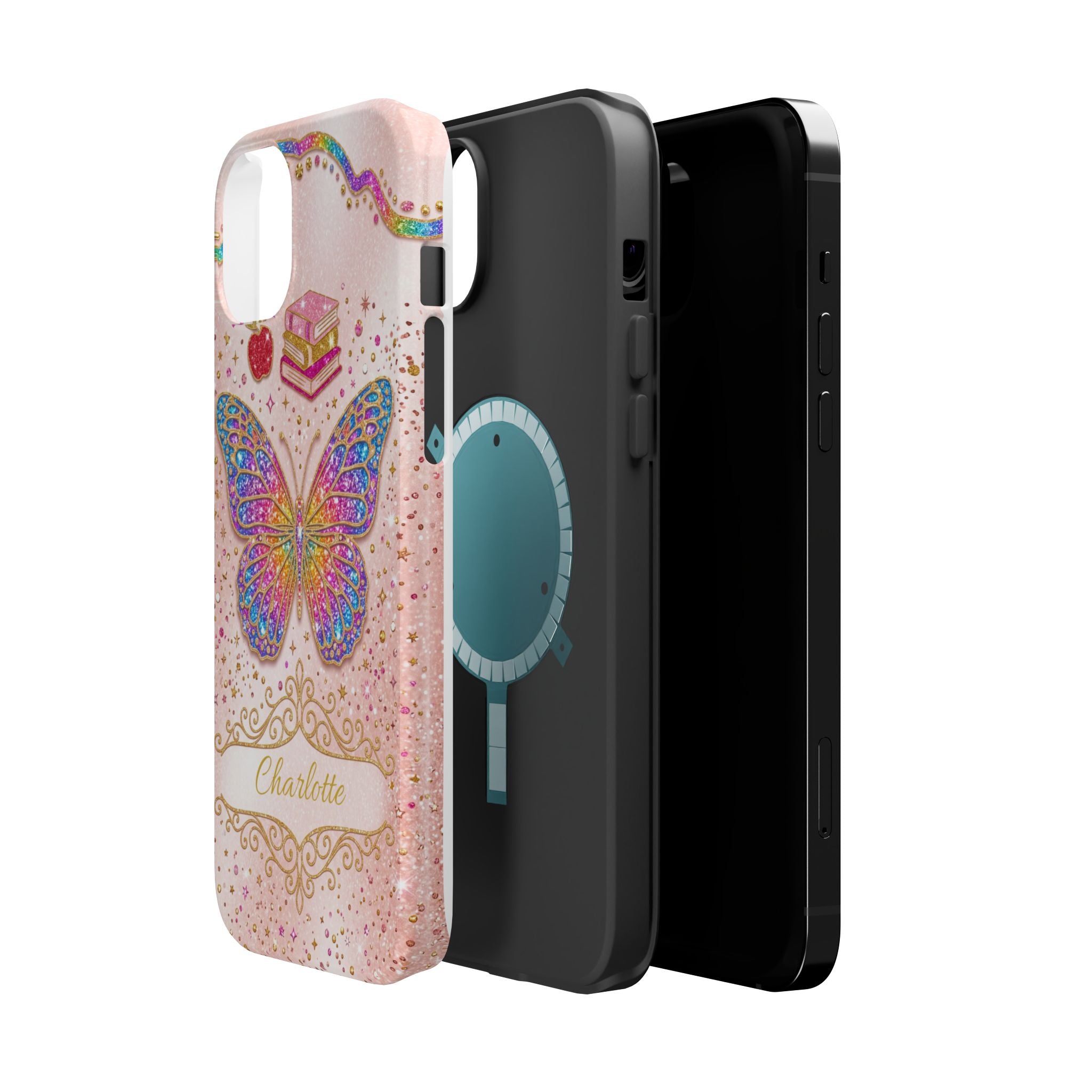 Blush Glitter Butterfly Personalized Teacher Phone Case — Wireless Charging Cover