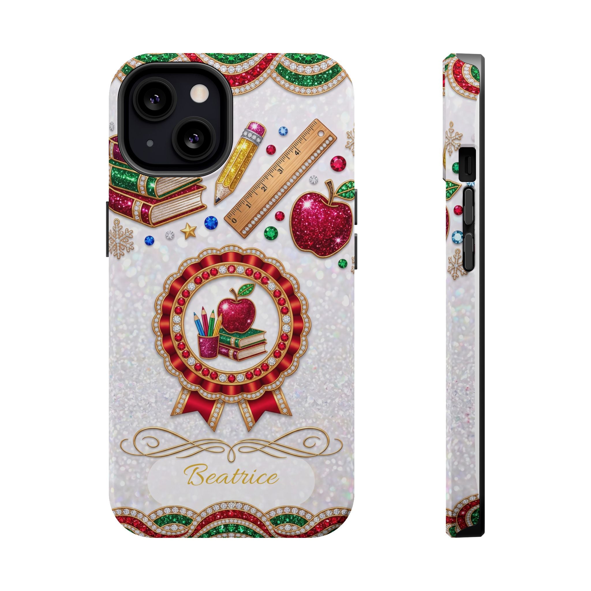 Jeweled Apple Medallion Personalized Teacher Phone Case — Wireless Charging Cover