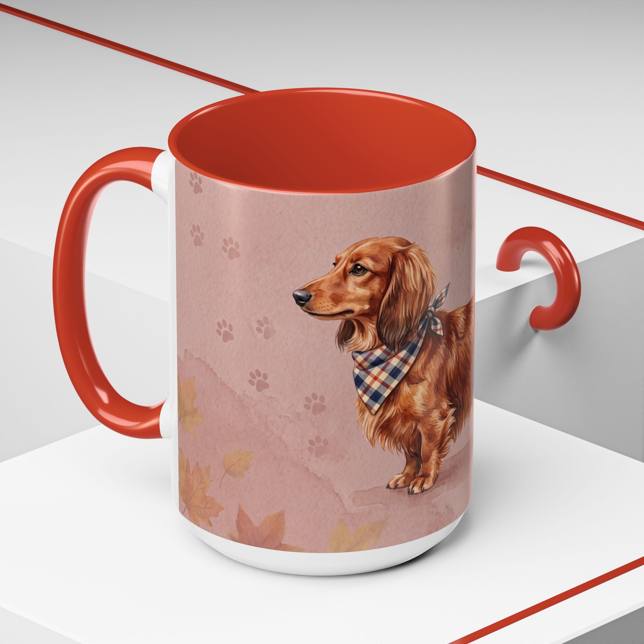 Dachshund Lover Mug | Long-Haired Wiener Dog with Plaid Bandana, Dusty Rose Watercolor Dog Gift
