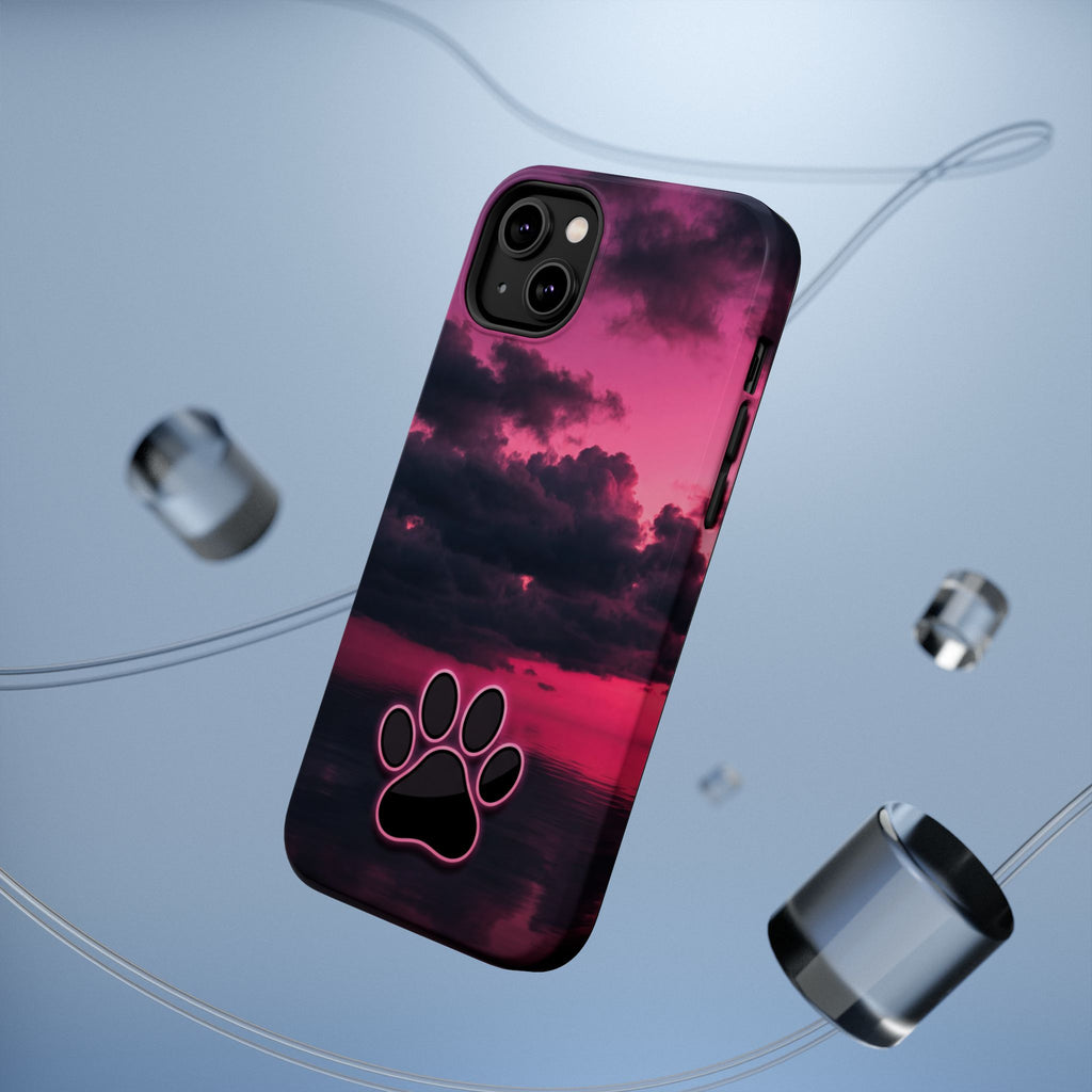 iPhone & Samsung Magnetic Impact-Resistant Phone Case — Pink Twilight Cloud with Paw Print