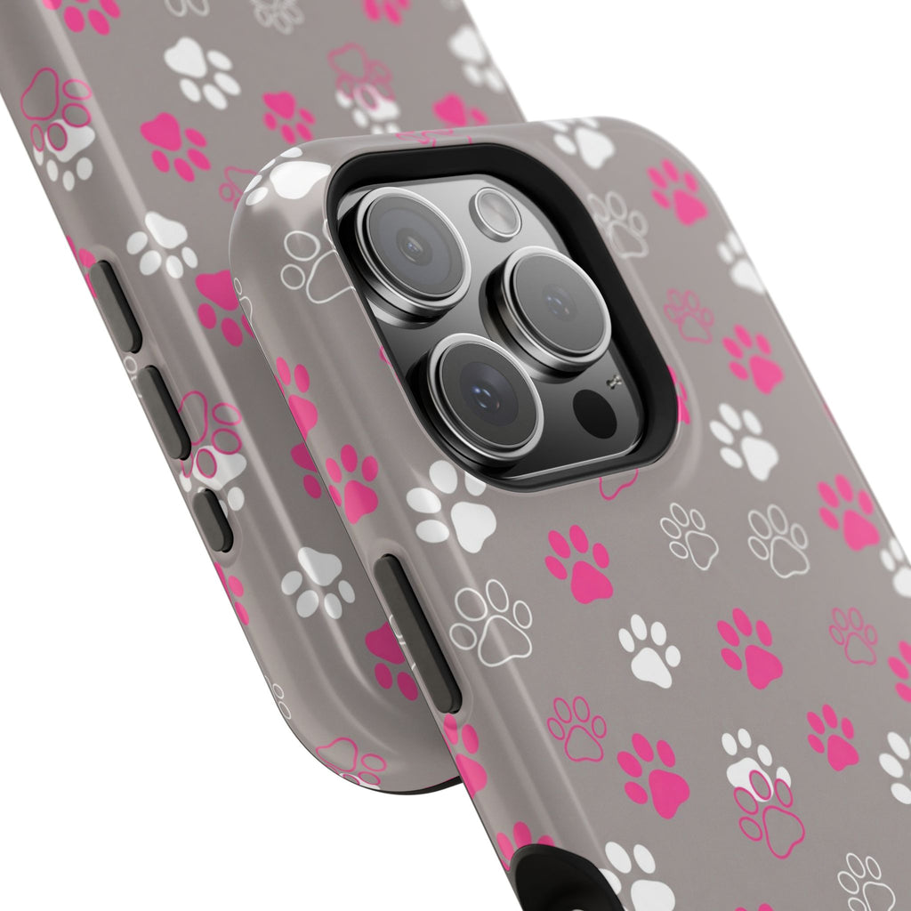 Pink & White Paw Print Phone Case — Impact-Resistant Wireless Charging Cover