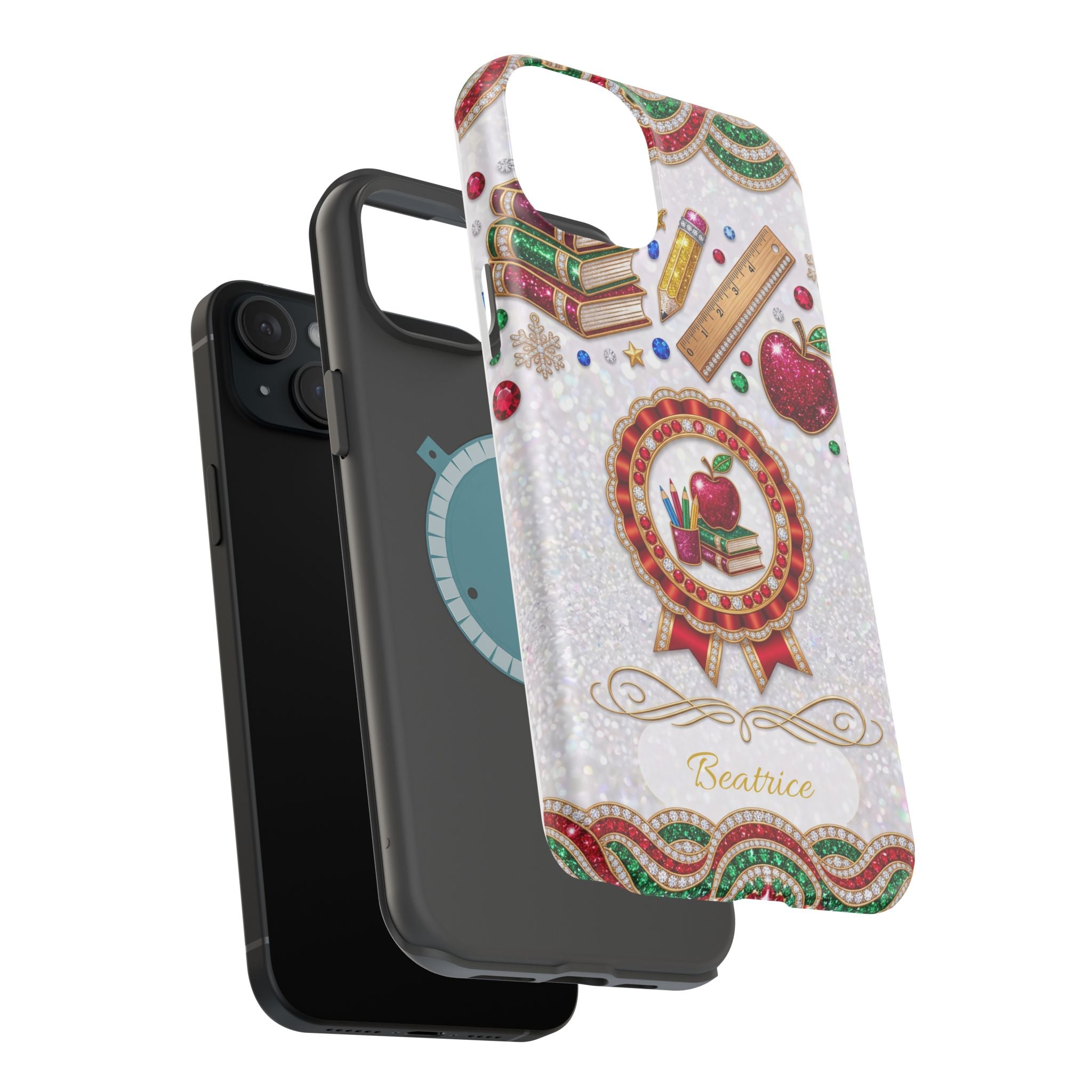 Jeweled Apple Medallion Personalized Teacher Phone Case — Wireless Charging Cover