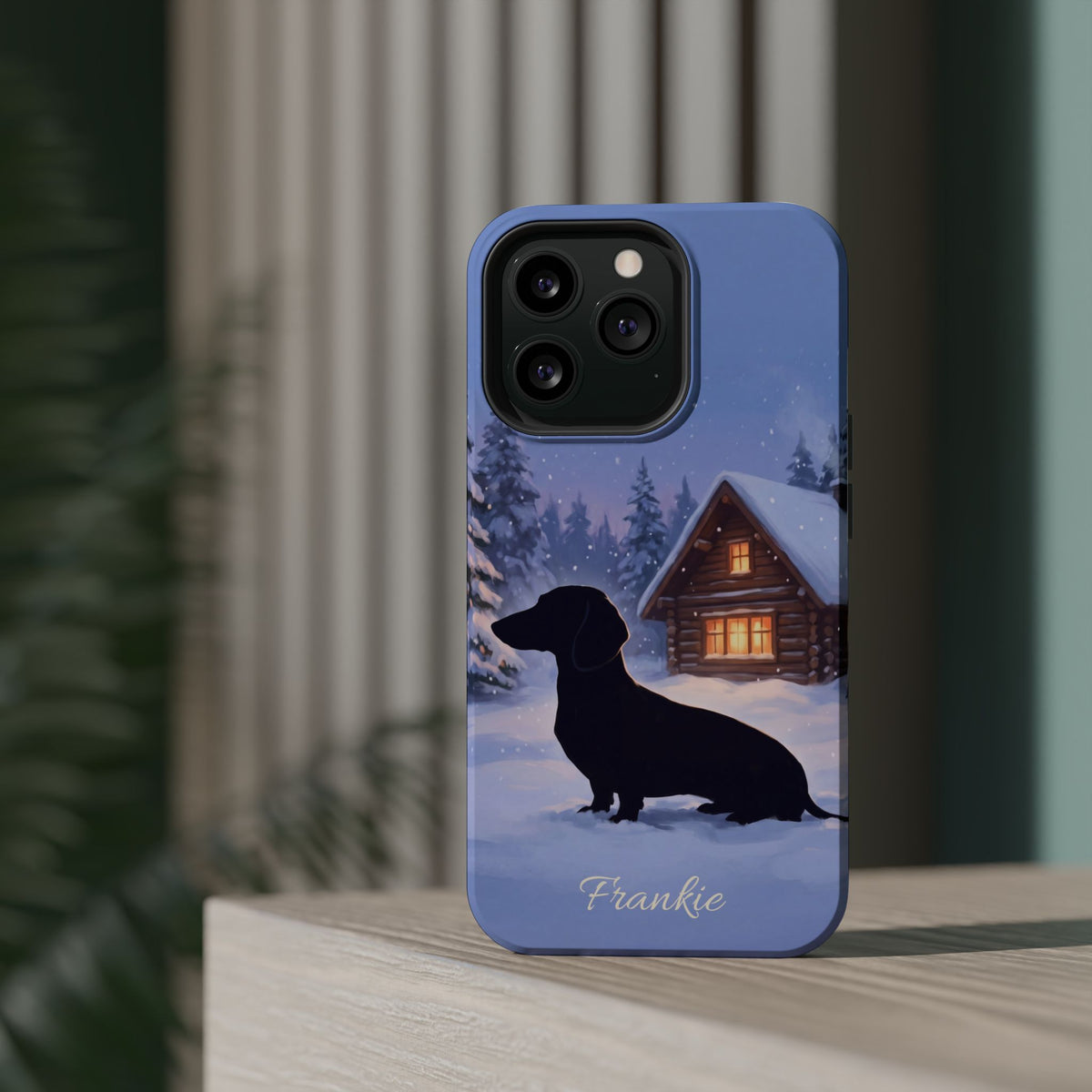 Personalized Dachshund Winter Cabin Phone Case — Wireless Charging Cover