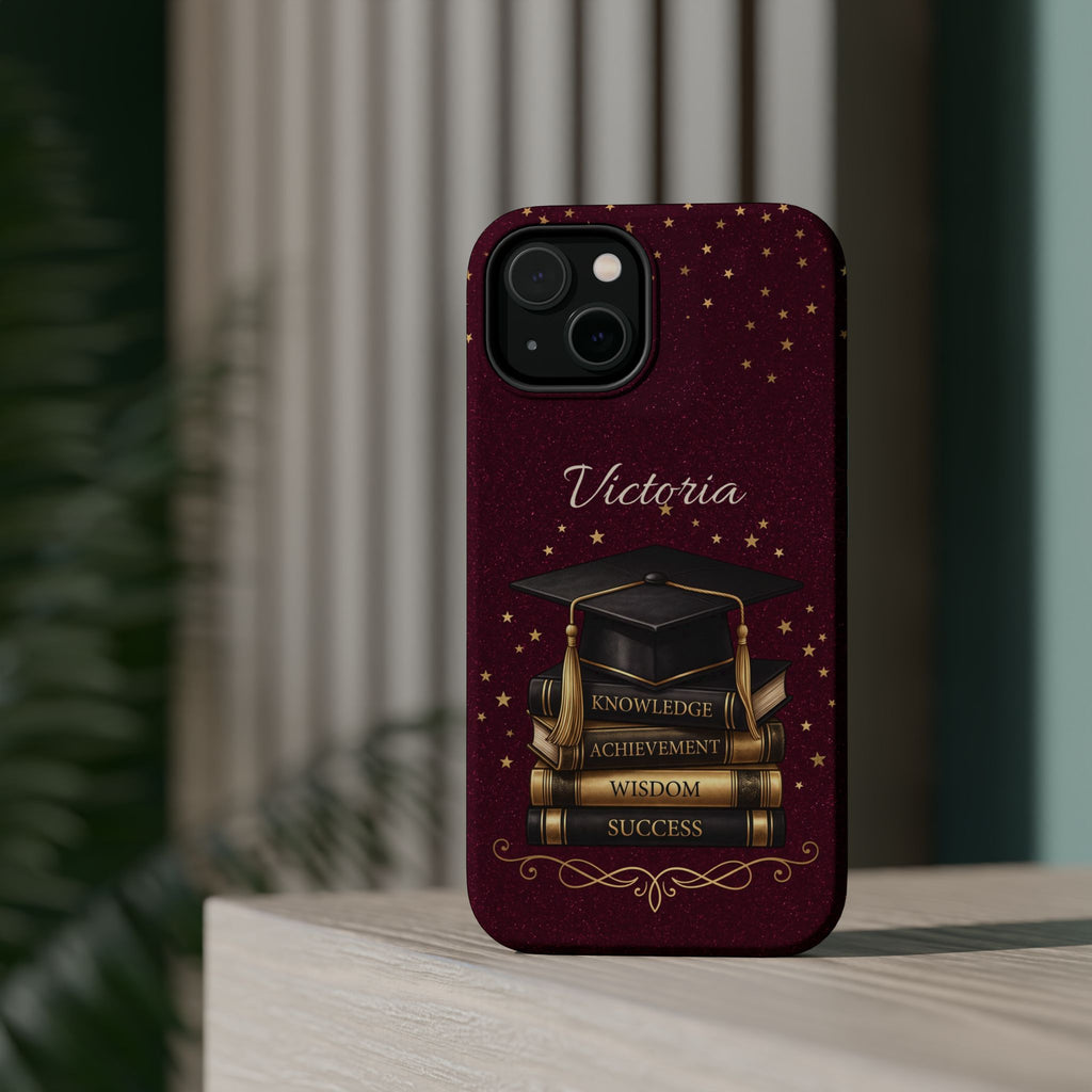 Graduation Cap & Books Personalized Teacher Phone Case — Wireless Charging Cover