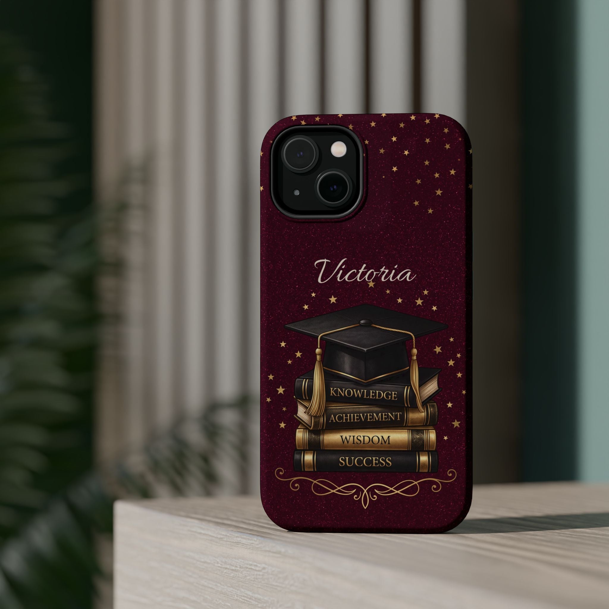 Graduation Cap & Books Personalized Teacher Phone Case — Wireless Charging Cover