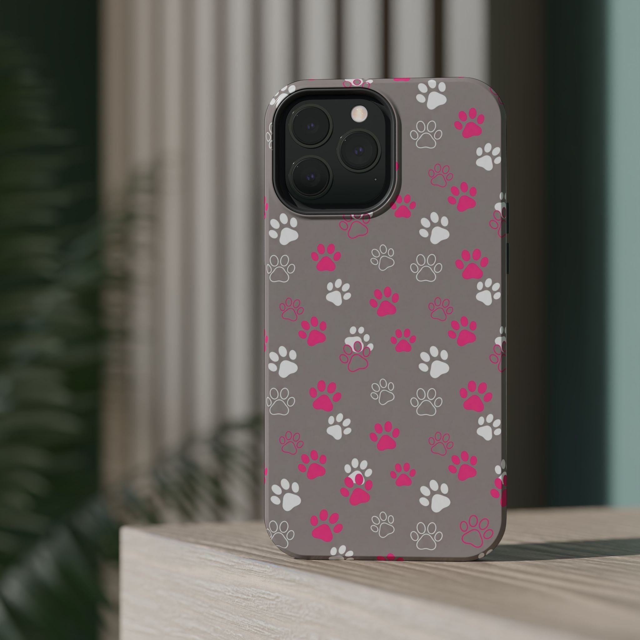 Pink & White Paw Print Phone Case — Impact-Resistant Wireless Charging Cover