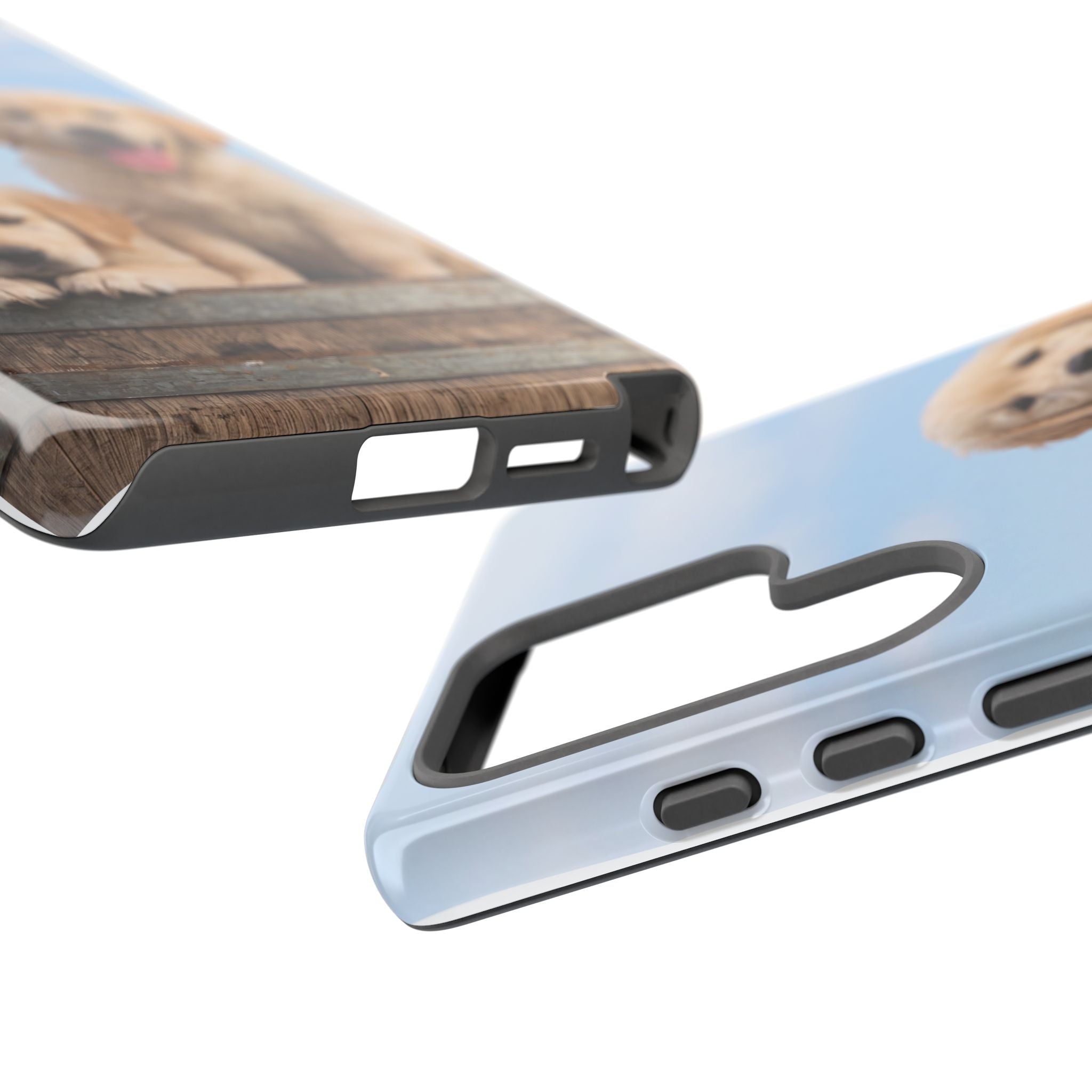 Golden Retriever Puppies on Barrel Phone Case | Cute Duo Under Blue Sky | iPhone & Samsung