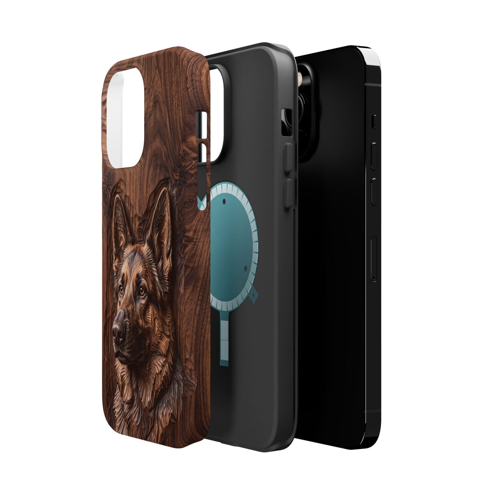 German Shepherd Phone Case | Carved Walnut Art — Tough Magnetic Case with Wireless Charging