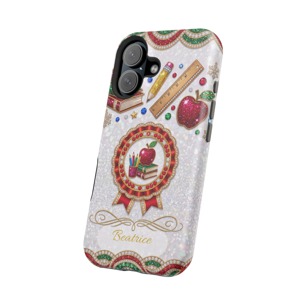 Jeweled Apple Medallion Personalized Teacher Phone Case — Wireless Charging Cover