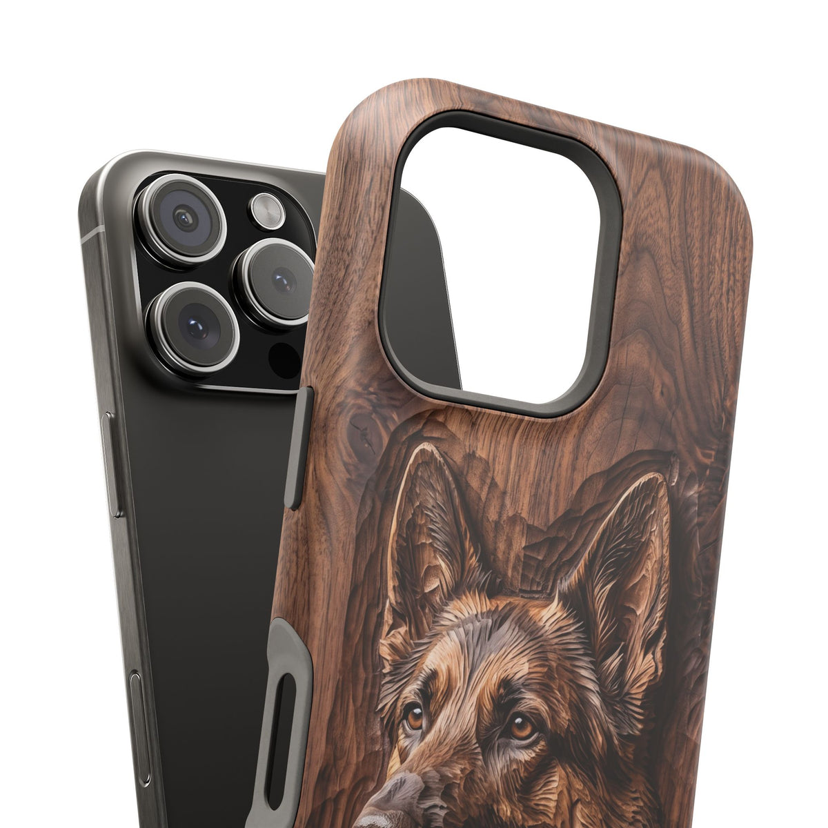 German Shepherd Phone Case | Carved Walnut Art — Tough Magnetic Case with Wireless Charging